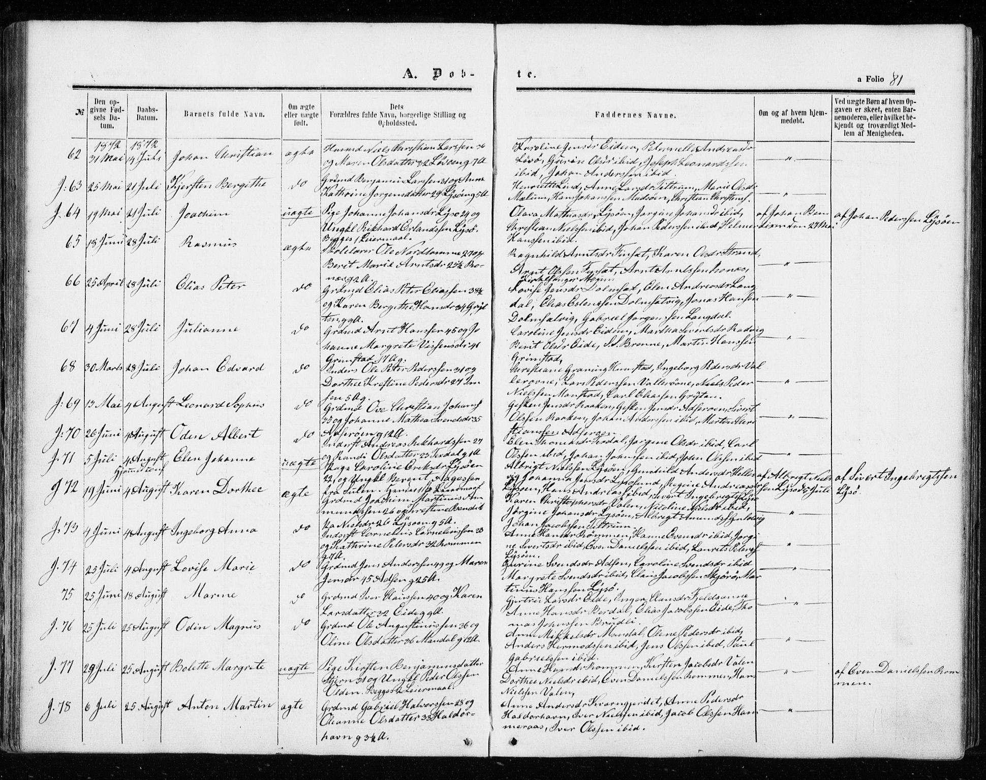 Ministerialprotokoller, klokkerbøker og fødselsregistre - Sør-Trøndelag, SAT/A-1456/655/L0678: Parish register (official) no. 655A07, 1861-1873, p. 81