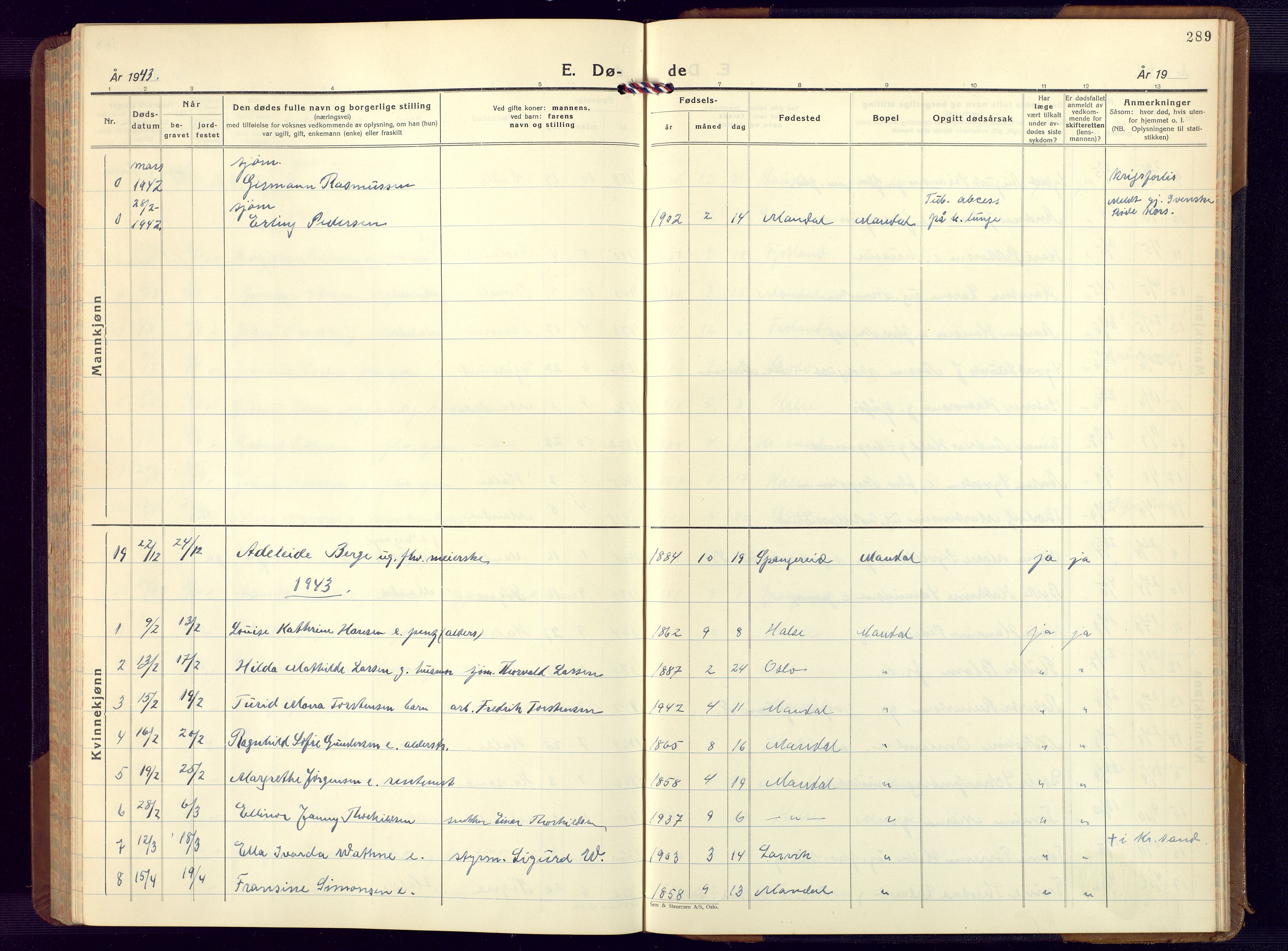 Mandal sokneprestkontor, AV/SAK-1111-0030/F/Fb/Fbc/L0002: Parish register (copy) no. B 2, 1931-1949, p. 289