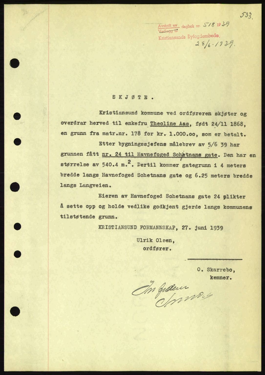 Kristiansund byfogd, AV/SAT-A-4587/A/27: Mortgage book no. 30, 1936-1941, Diary no: : 518/1939