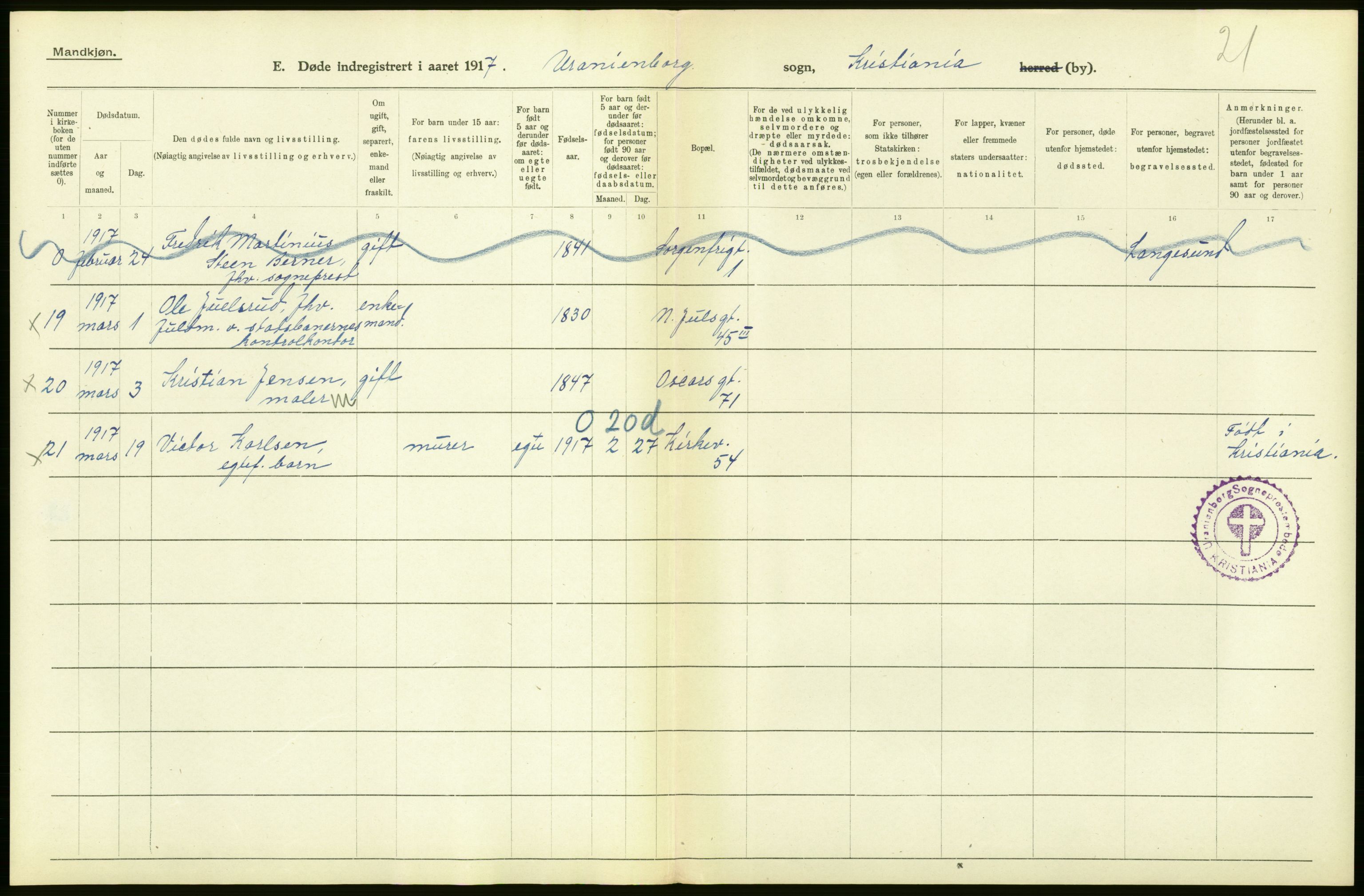 Statistisk sentralbyrå, Sosiodemografiske emner, Befolkning, AV/RA-S-2228/D/Df/Dfb/Dfbg/L0010: Kristiania: Døde, 1917, p. 440