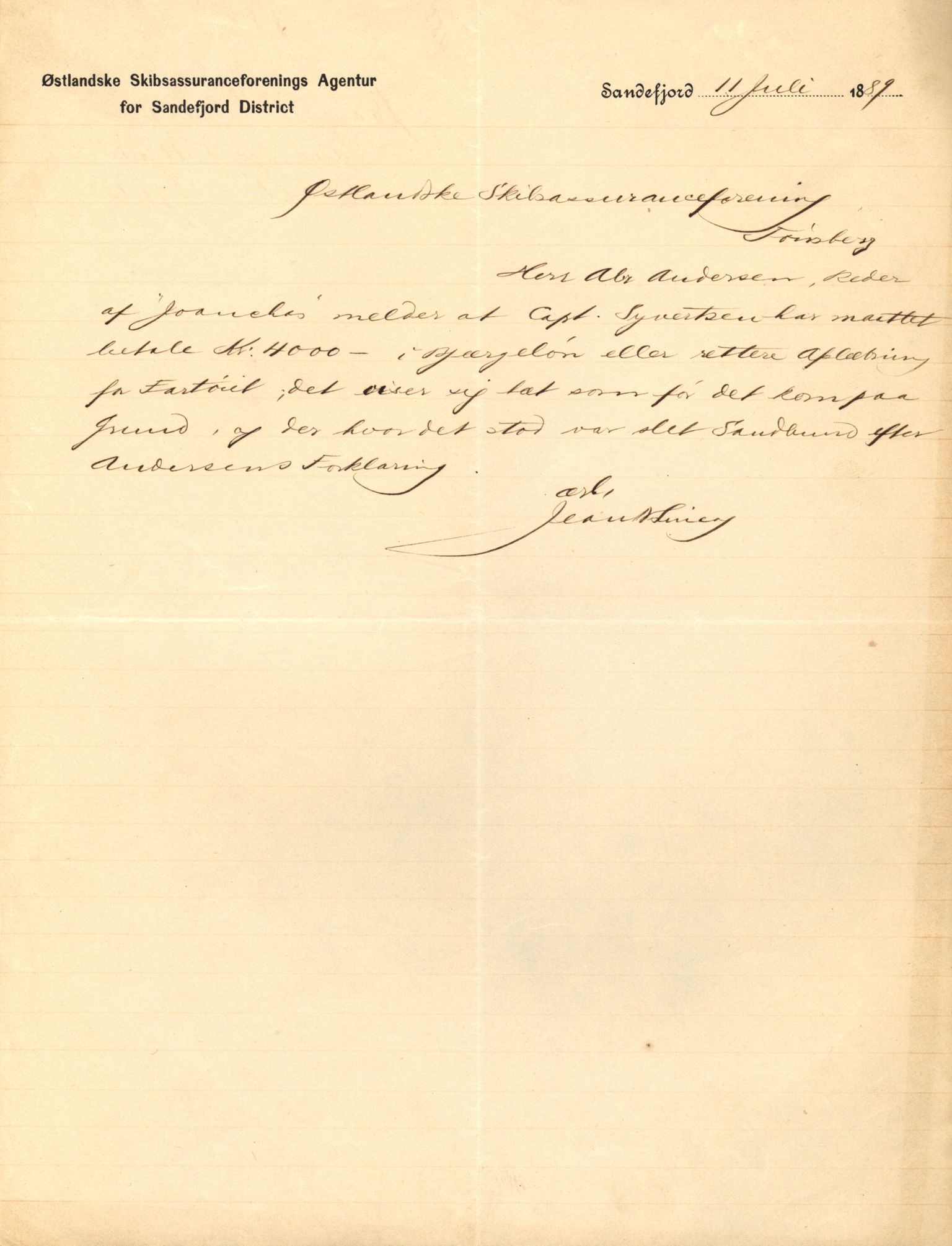 Pa 63 - Østlandske skibsassuranceforening, VEMU/A-1079/G/Ga/L0023/0011: Havaridokumenter / Joanchas, Lympha, Glengarin, Korsvei, Heldine, Sirius, 1889, p. 4