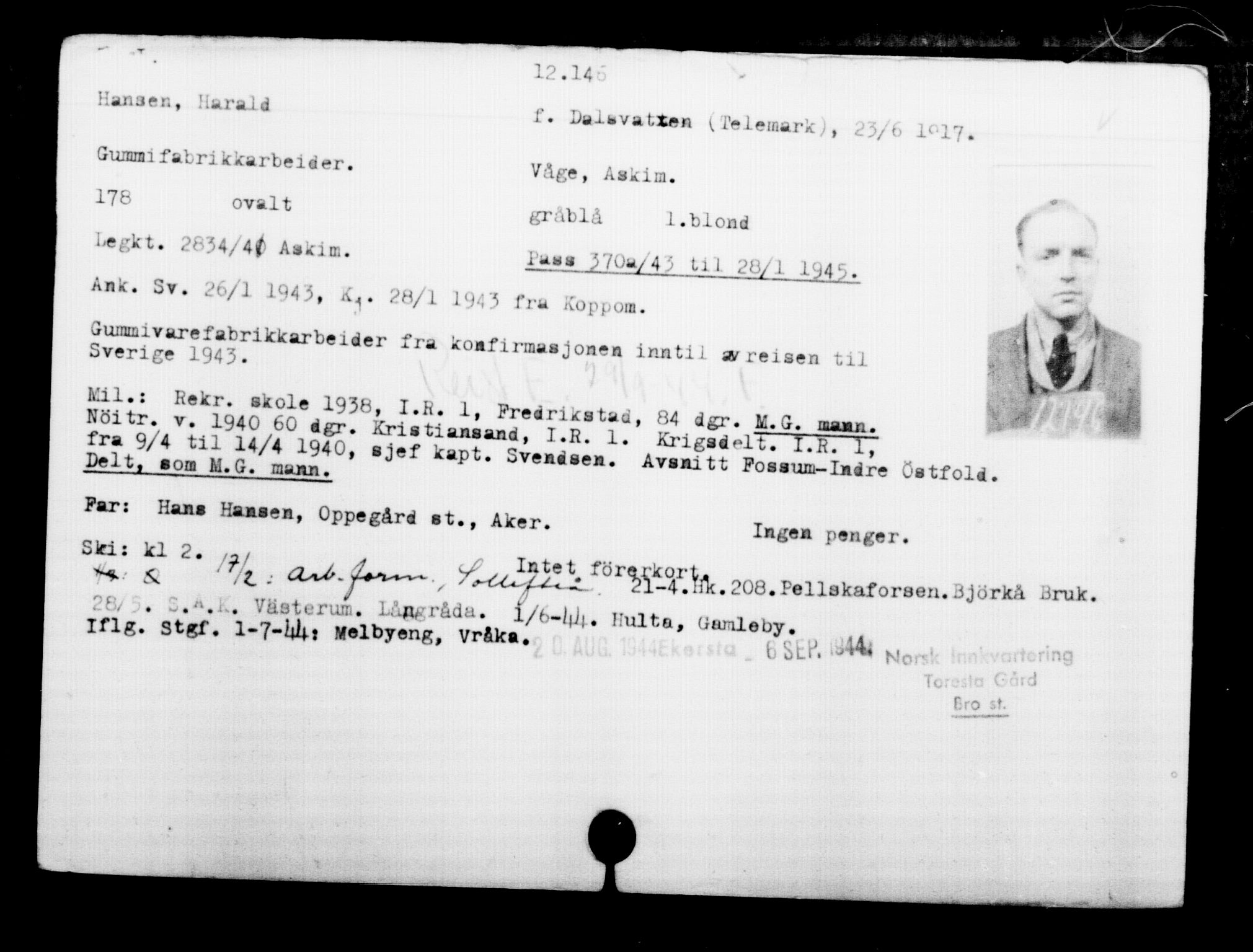 Utenriksstasjonene, Legasjonen i Stockholm, Flyktningkontoret, AV/RA-S-6753/V/Va/L0006: Kjesäterkartoteket, flyktninger med registreringsnr. 9400-12711, 1940-1945, p. 3124