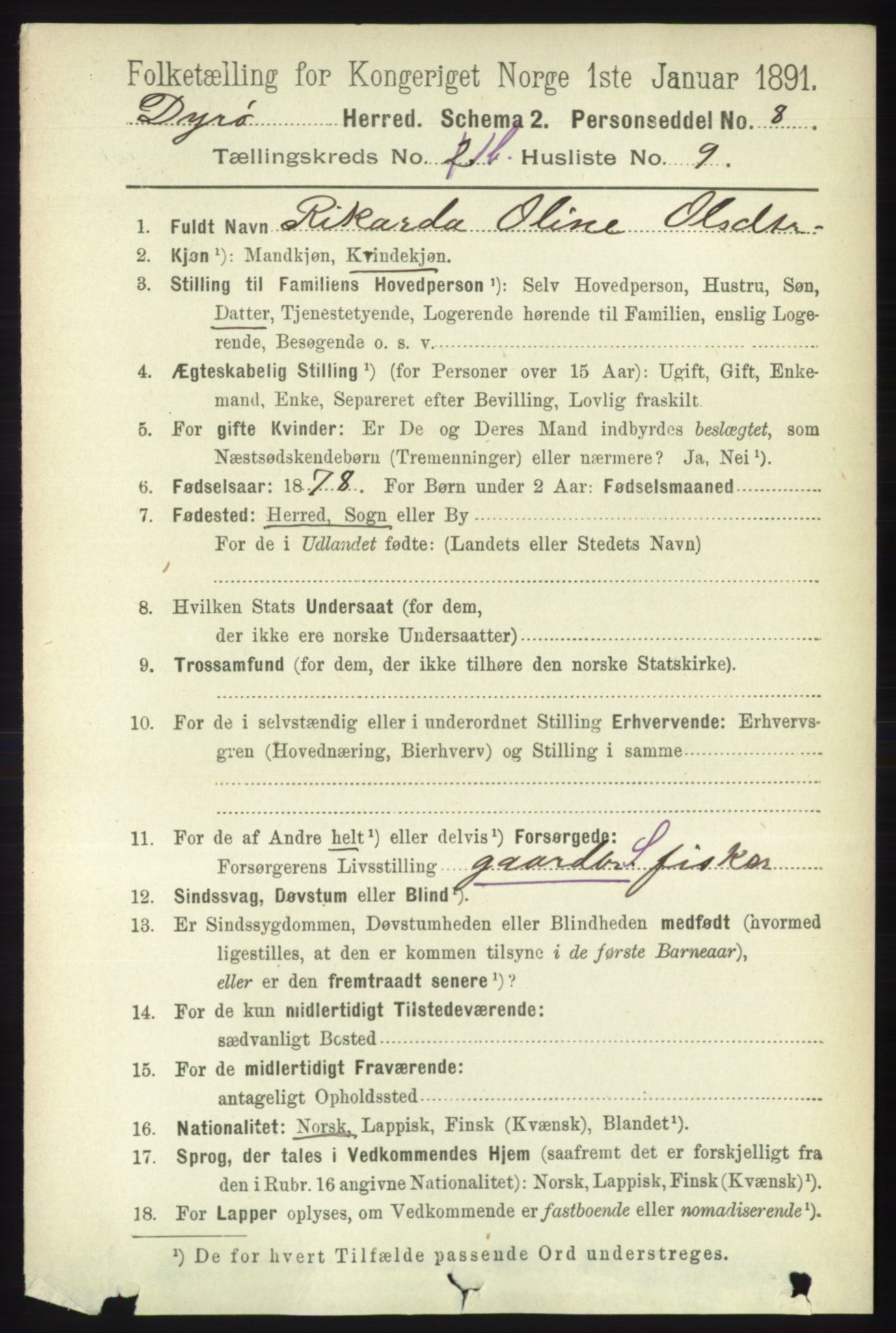 RA, 1891 census for 1926 Dyrøy, 1891, p. 451