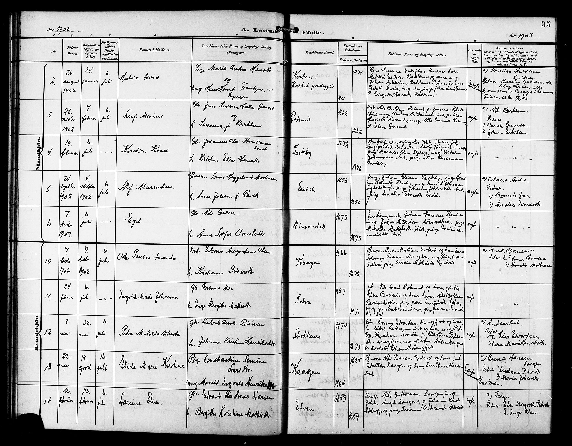 Skjervøy sokneprestkontor, AV/SATØ-S-1300/H/Ha/Hab/L0008klokker: Parish register (copy) no. 8, 1900-1910, p. 35