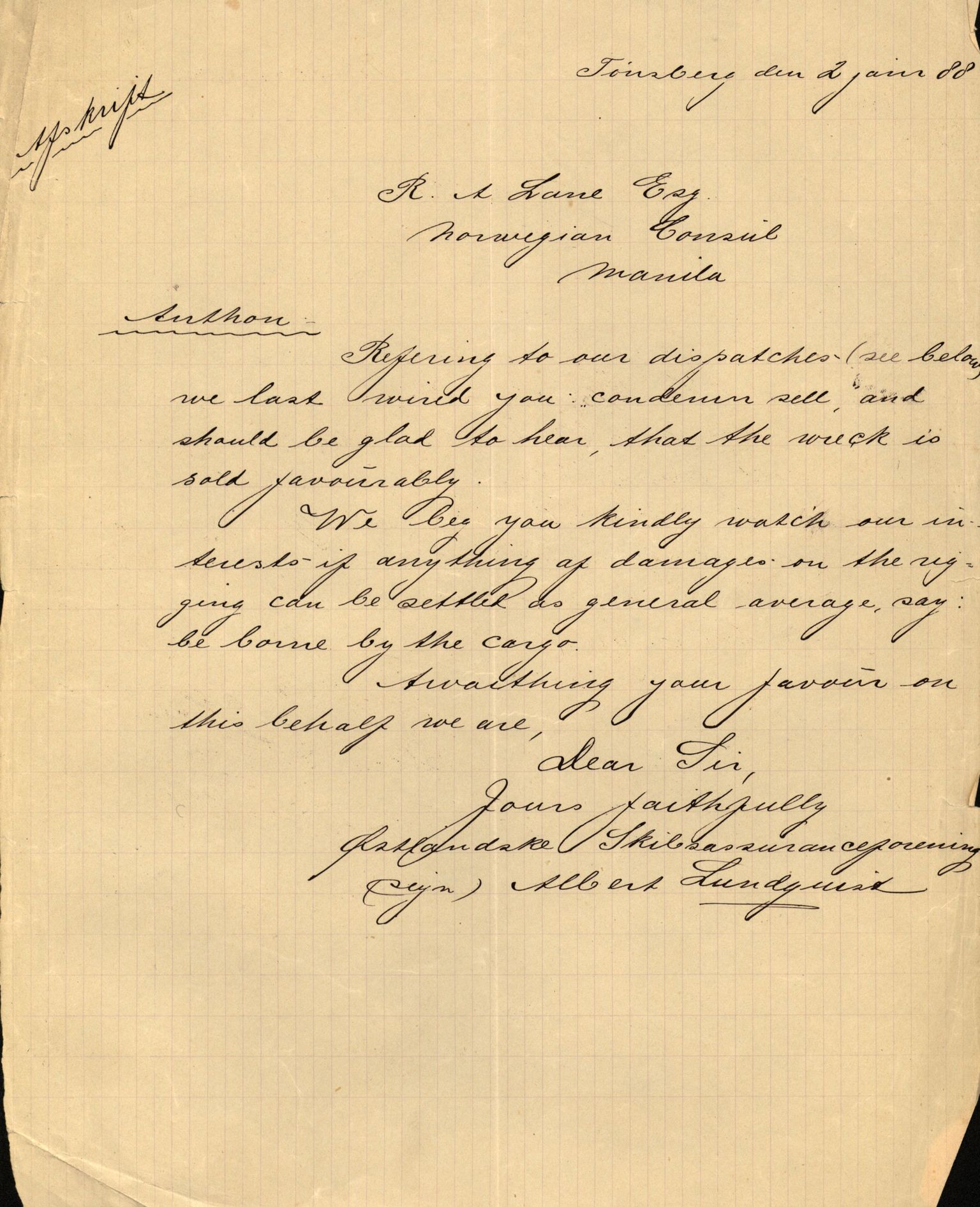 Pa 63 - Østlandske skibsassuranceforening, VEMU/A-1079/G/Ga/L0020/0003: Havaridokumenter / Anton, Diamant, Templar, Finn, Eliezer, Arctic, 1887, p. 20