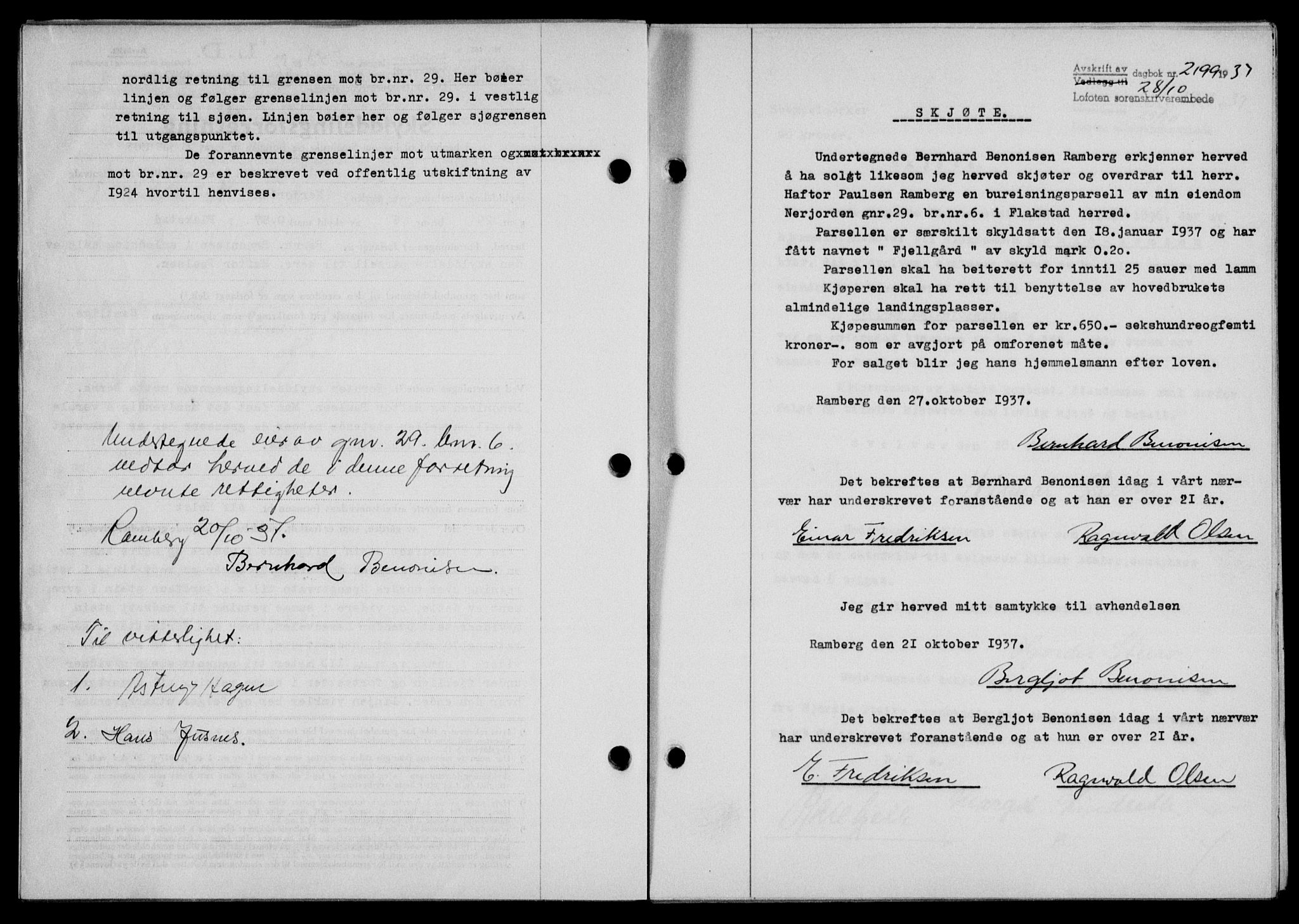 Lofoten sorenskriveri, SAT/A-0017/1/2/2C/L0003a: Mortgage book no. 3a, 1937-1938, Diary no: : 2199/1937