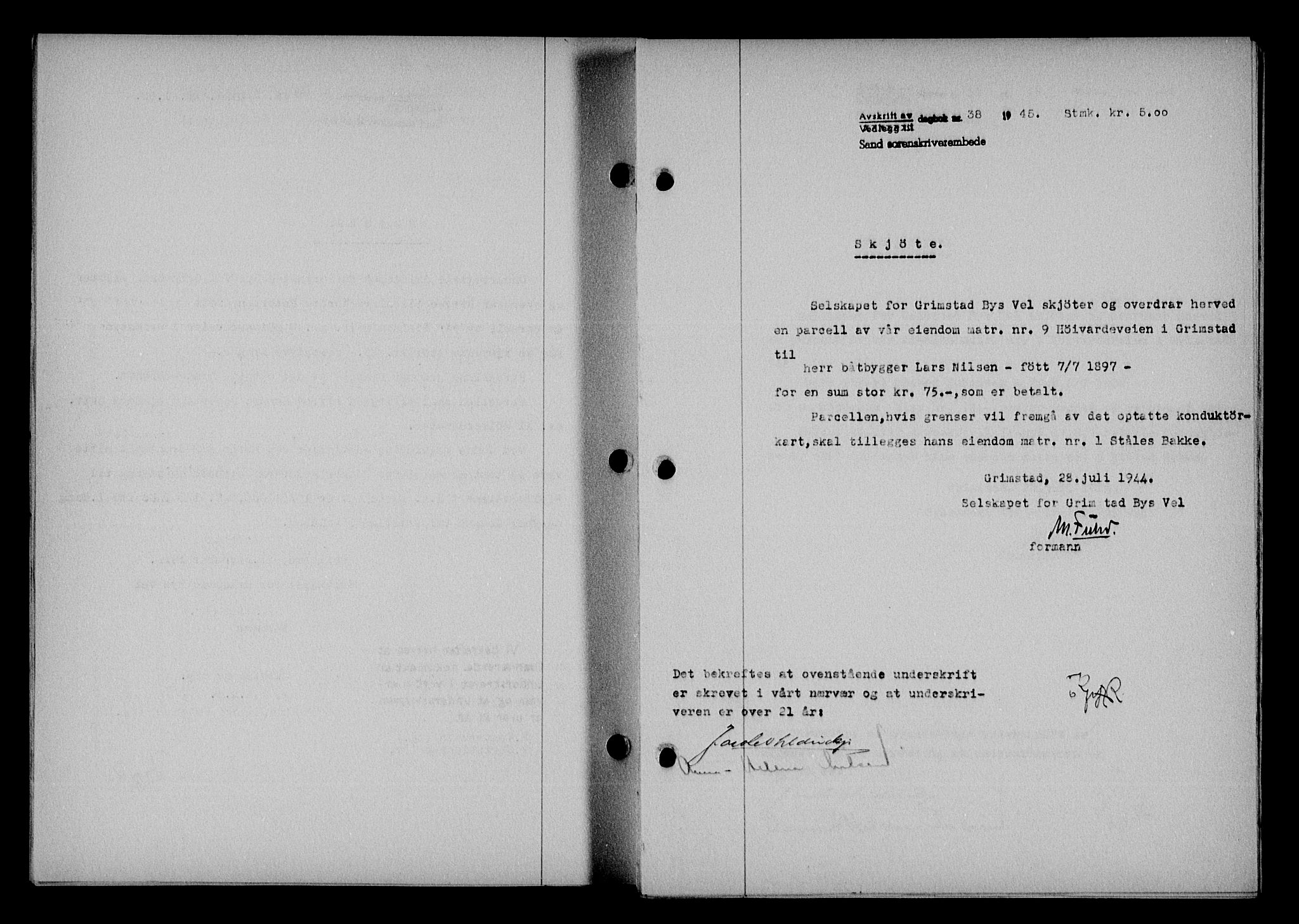 Vestre Nedenes/Sand sorenskriveri, SAK/1221-0010/G/Gb/Gba/L0053: Mortgage book no. A 6, 1944-1945, Diary no: : 38/1945