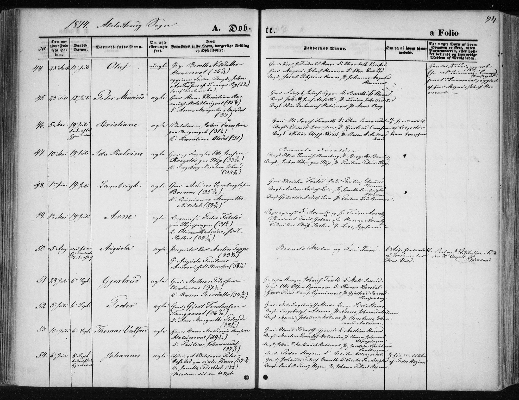 Ministerialprotokoller, klokkerbøker og fødselsregistre - Nord-Trøndelag, AV/SAT-A-1458/717/L0157: Parish register (official) no. 717A08 /1, 1863-1877, p. 94