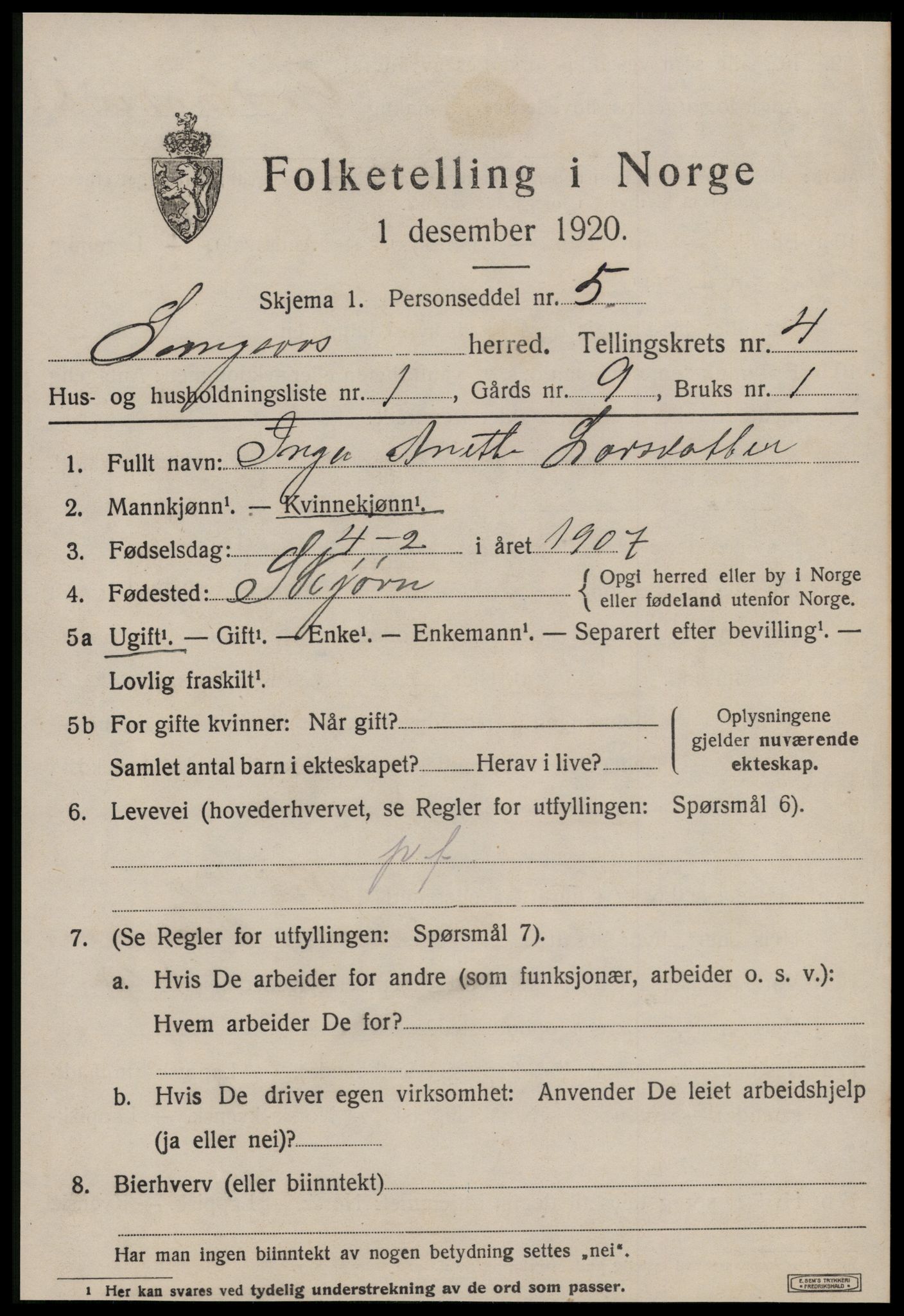 SAT, 1920 census for Singsås, 1920, p. 2125