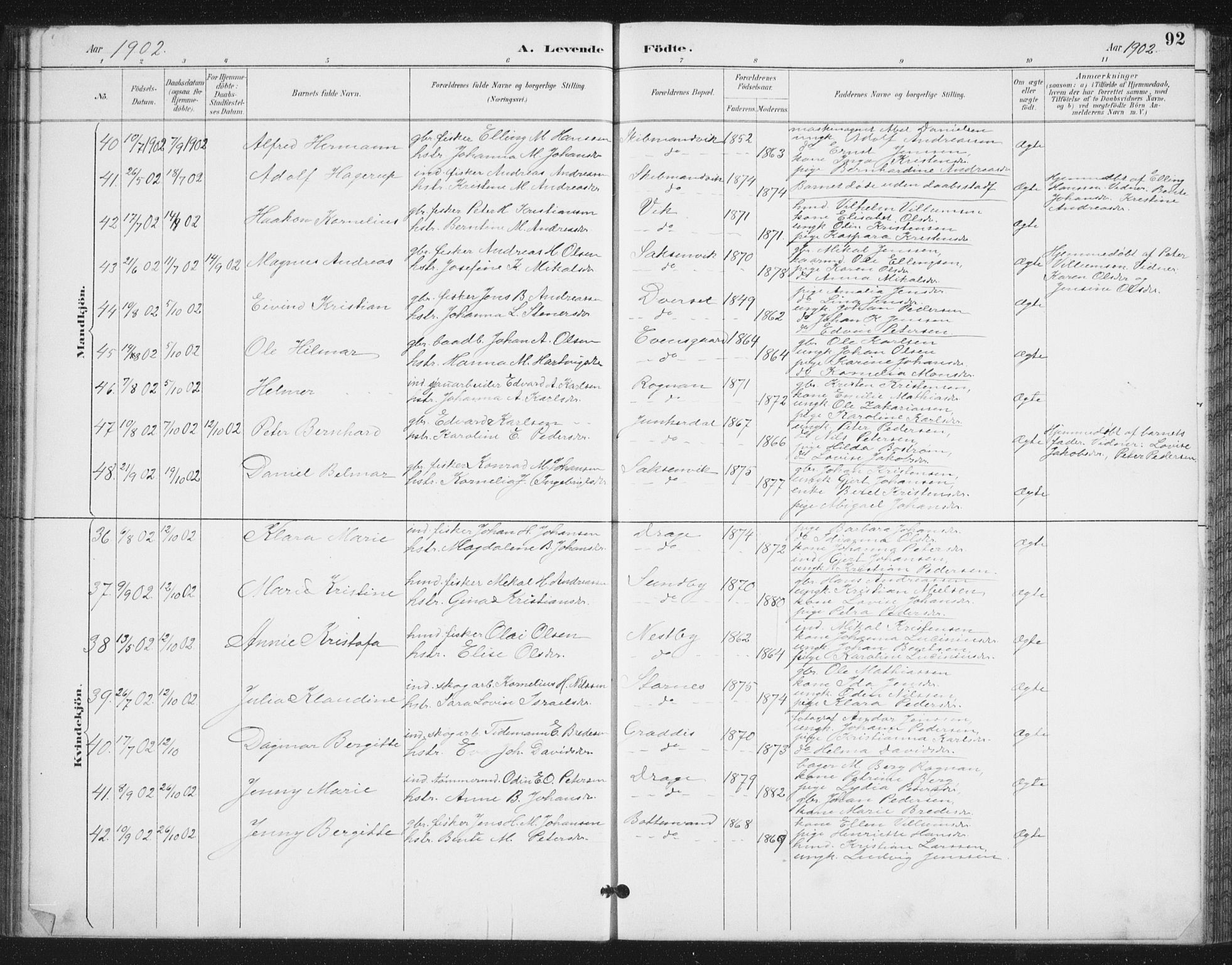 Ministerialprotokoller, klokkerbøker og fødselsregistre - Nordland, AV/SAT-A-1459/847/L0682: Parish register (copy) no. 847C10, 1889-1907, p. 92