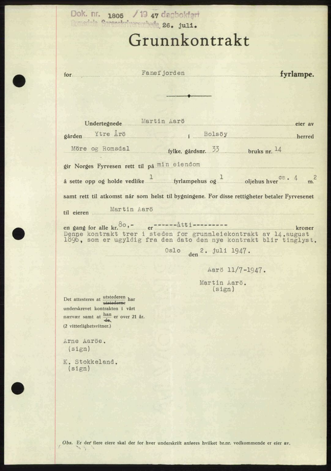 Romsdal sorenskriveri, AV/SAT-A-4149/1/2/2C: Mortgage book no. A23, 1947-1947, Diary no: : 1805/1947