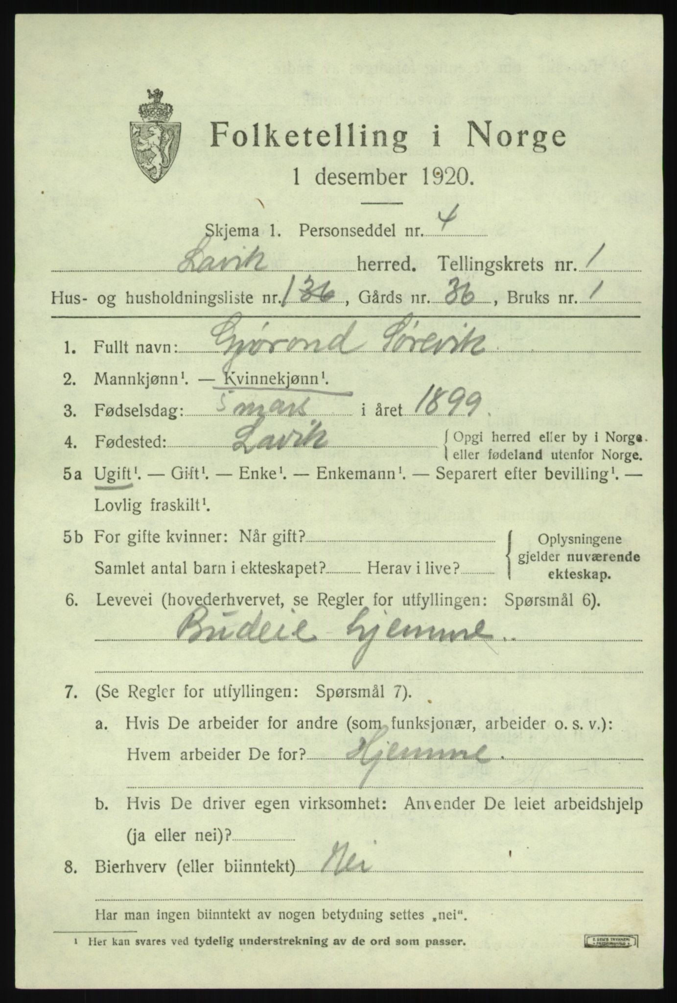 SAB, 1920 census for Lavik, 1920, p. 398