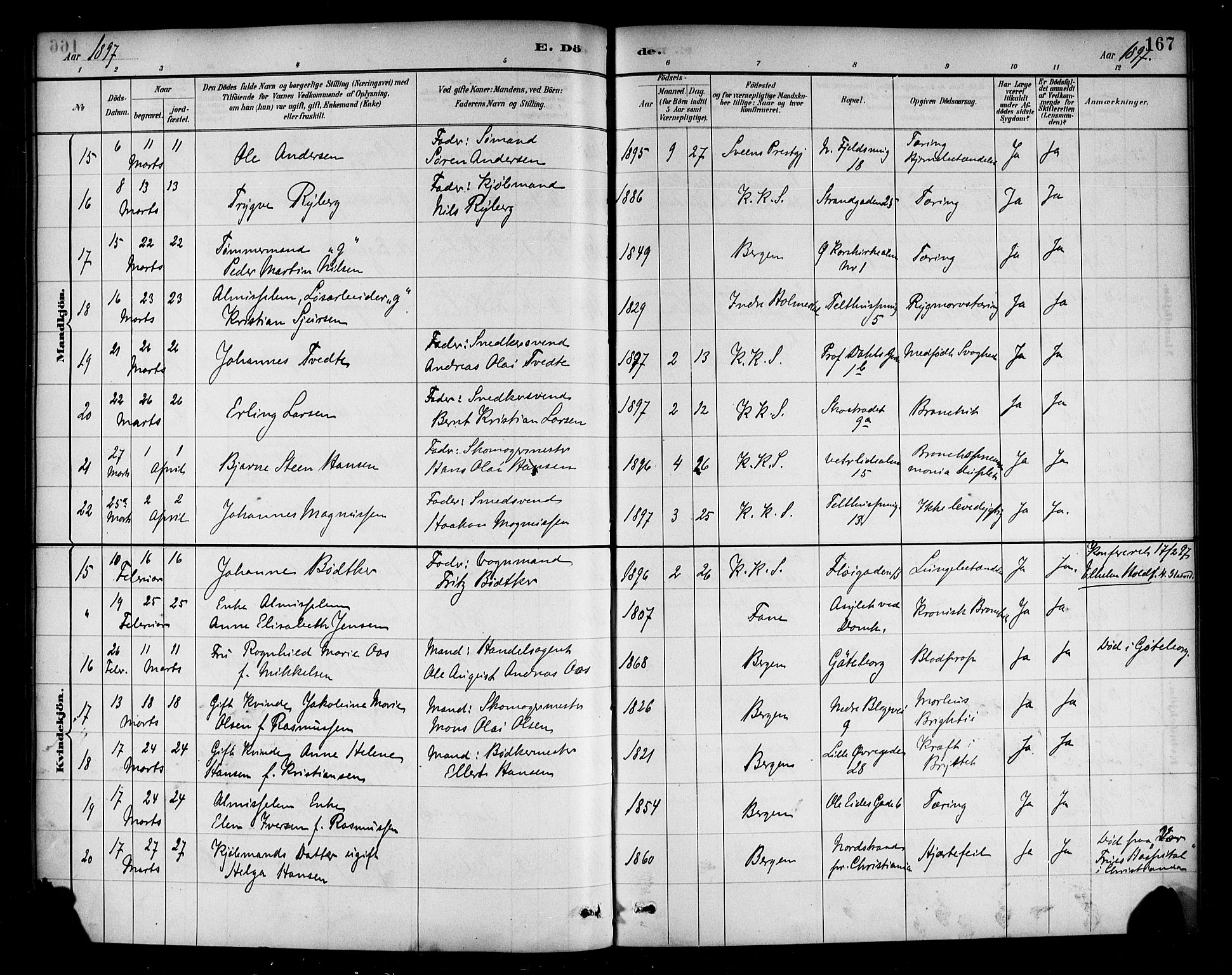 Korskirken sokneprestembete, SAB/A-76101/H/Haa/L0047: Parish register (official) no. E 5, 1884-1910, p. 167