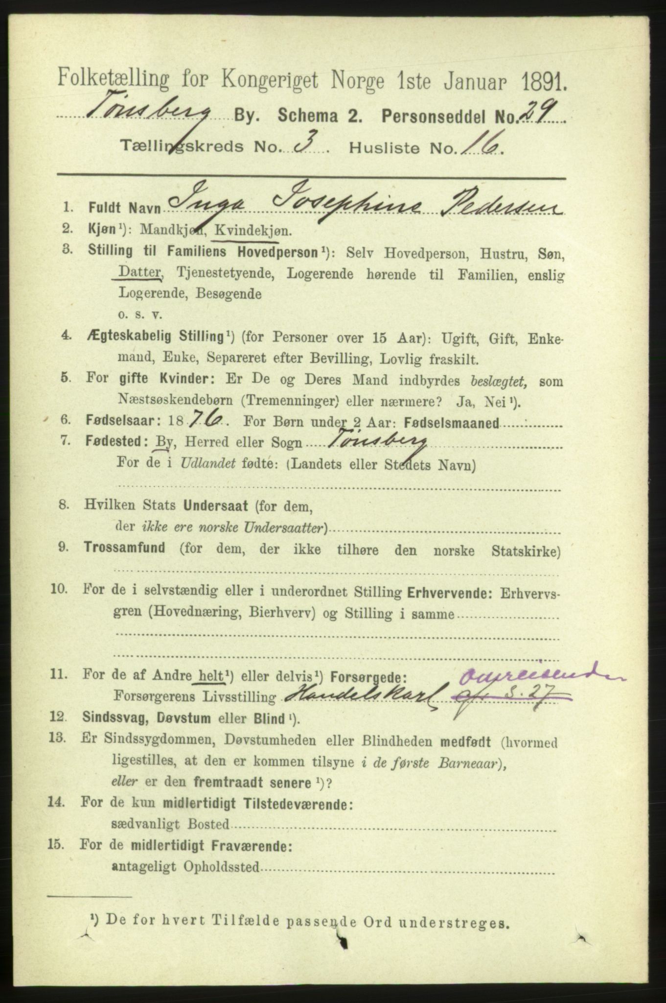 RA, 1891 census for 0705 Tønsberg, 1891, p. 1958