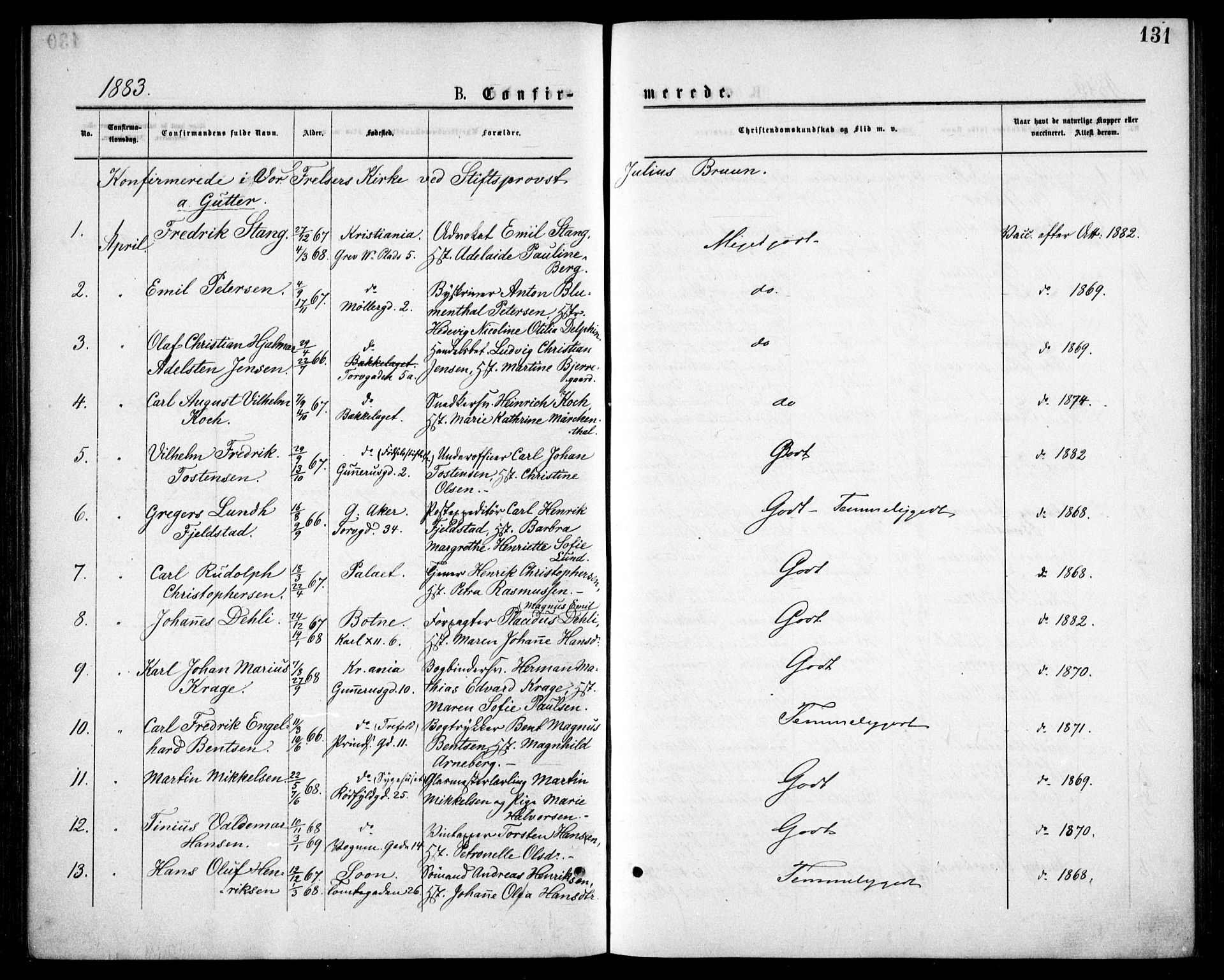 Oslo domkirke Kirkebøker, SAO/A-10752/F/Fa/L0018: Parish register (official) no. 18, 1872-1886, p. 131