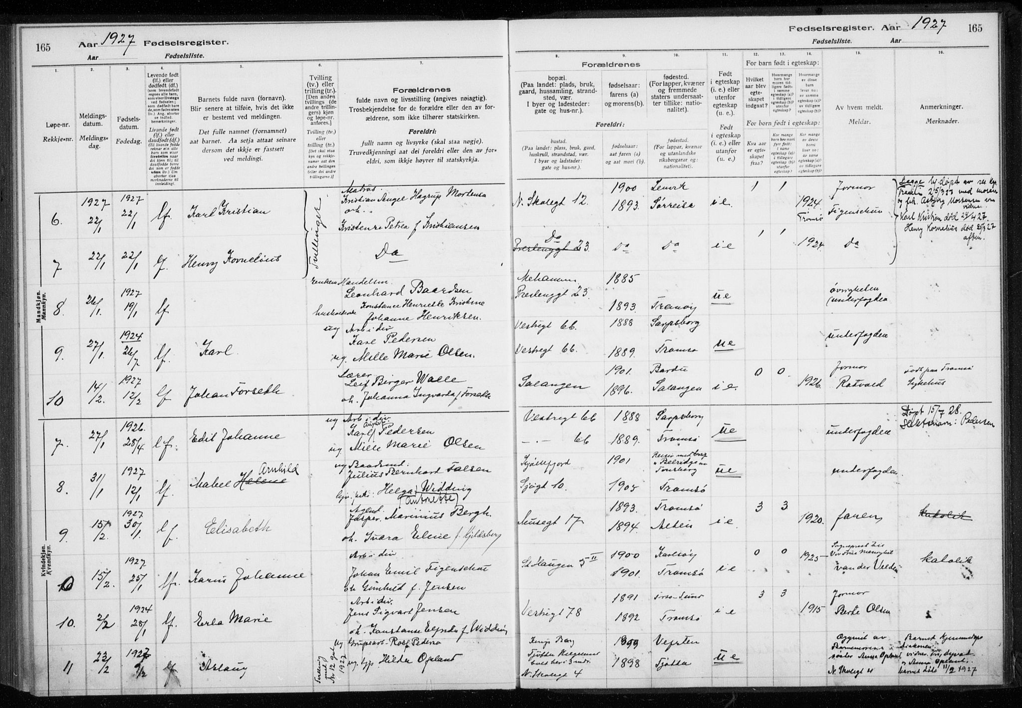 Tromsø sokneprestkontor/stiftsprosti/domprosti, AV/SATØ-S-1343/H/Ha/L0132: Birth register no. 132, 1921-1927, p. 165