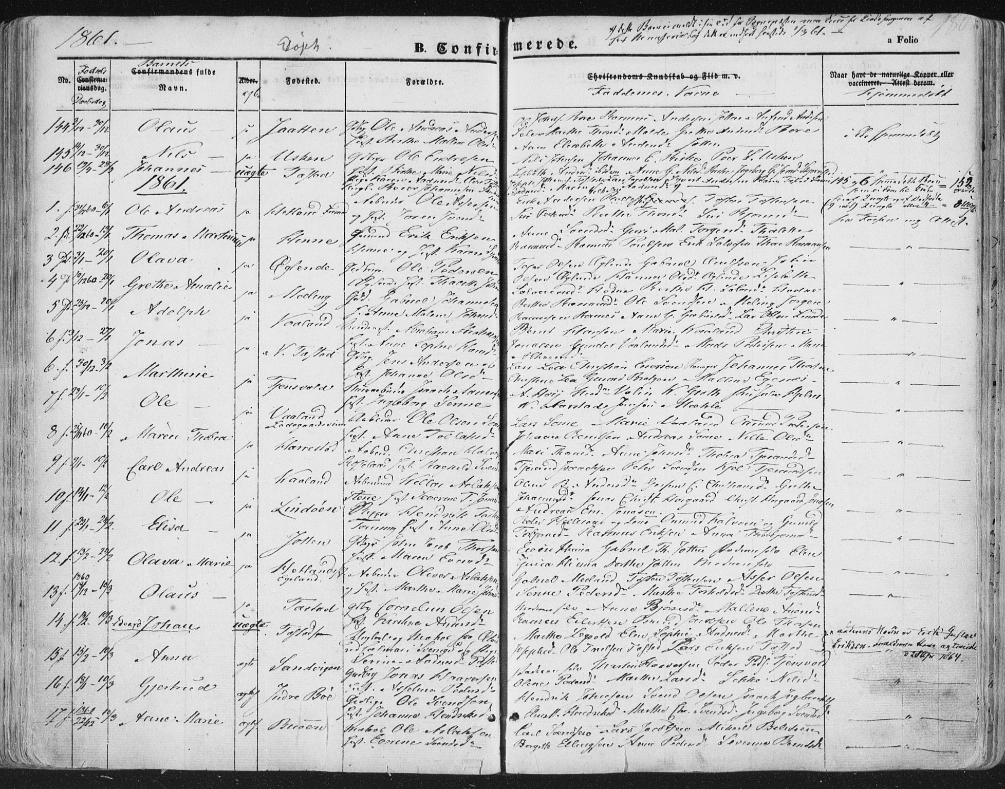 Hetland sokneprestkontor, AV/SAST-A-101826/30/30BA/L0002: Parish register (official) no. A 2, 1849-1869, p. 180