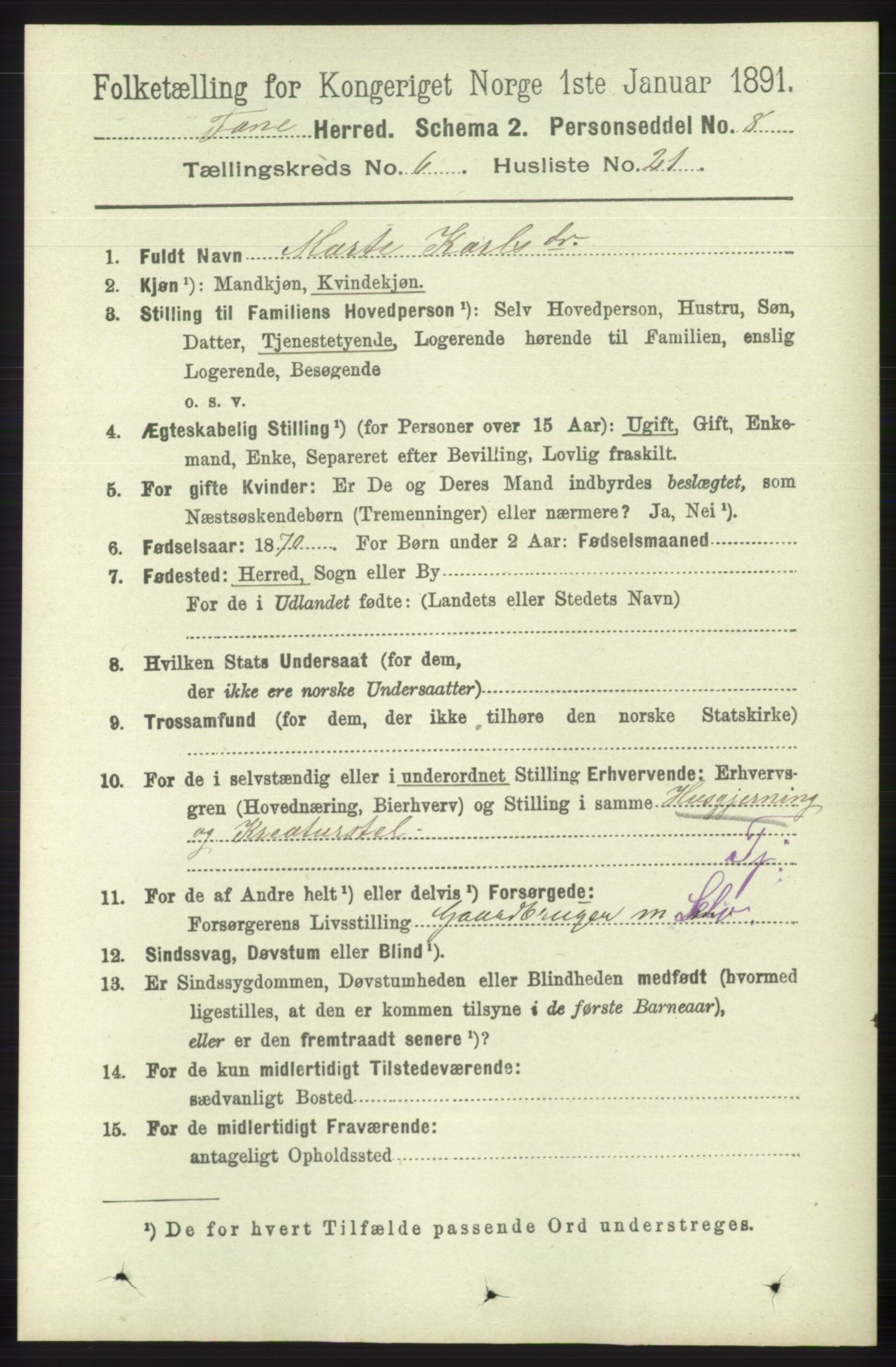 RA, 1891 census for 1249 Fana, 1891, p. 2710