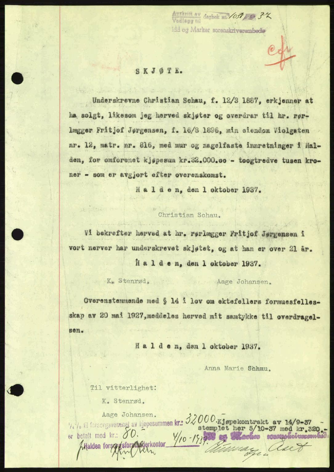 Idd og Marker sorenskriveri, AV/SAO-A-10283/G/Gb/Gbb/L0002: Mortgage book no. A2, 1937-1938, Diary no: : 1031/1937