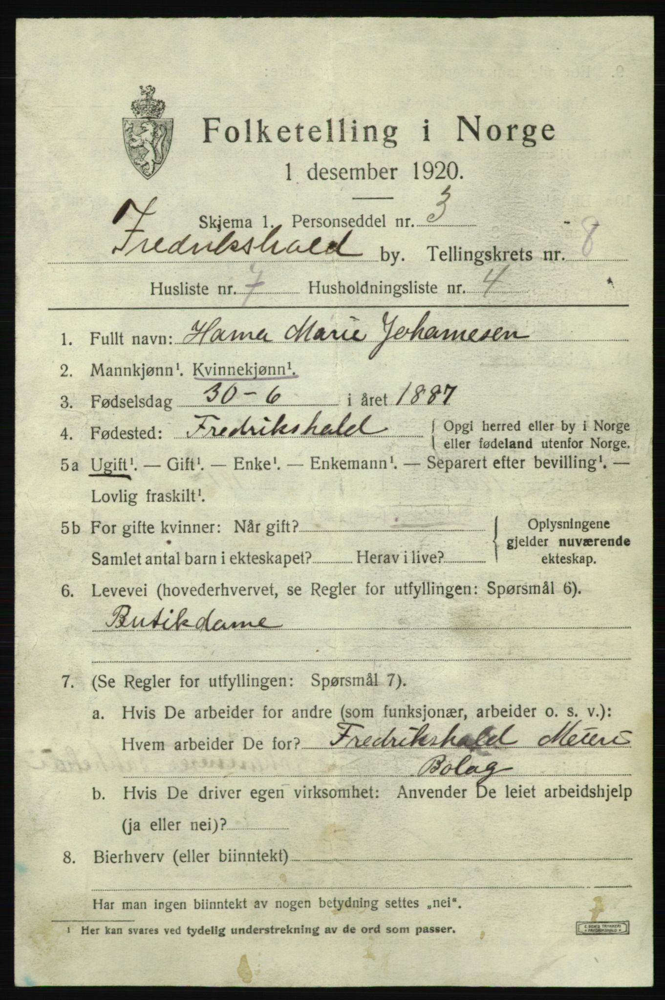 SAO, 1920 census for Fredrikshald, 1920, p. 14767