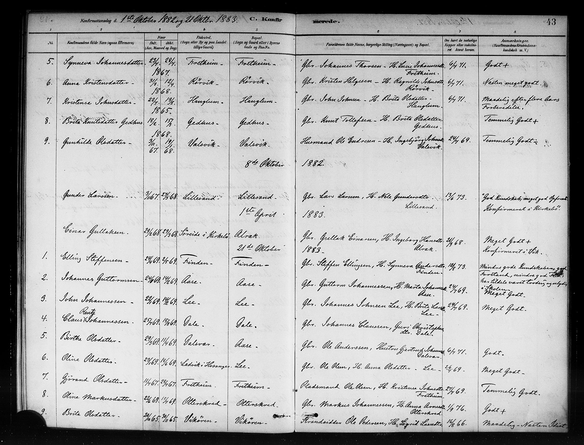 Vik sokneprestembete, AV/SAB-A-81501/H/Haa/Haac/L0001: Parish register (official) no. C 1, 1878-1890, p. 43