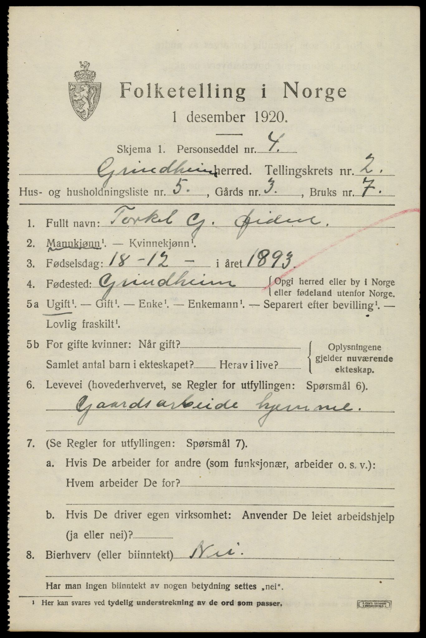 SAK, 1920 census for Grindheim, 1920, p. 599