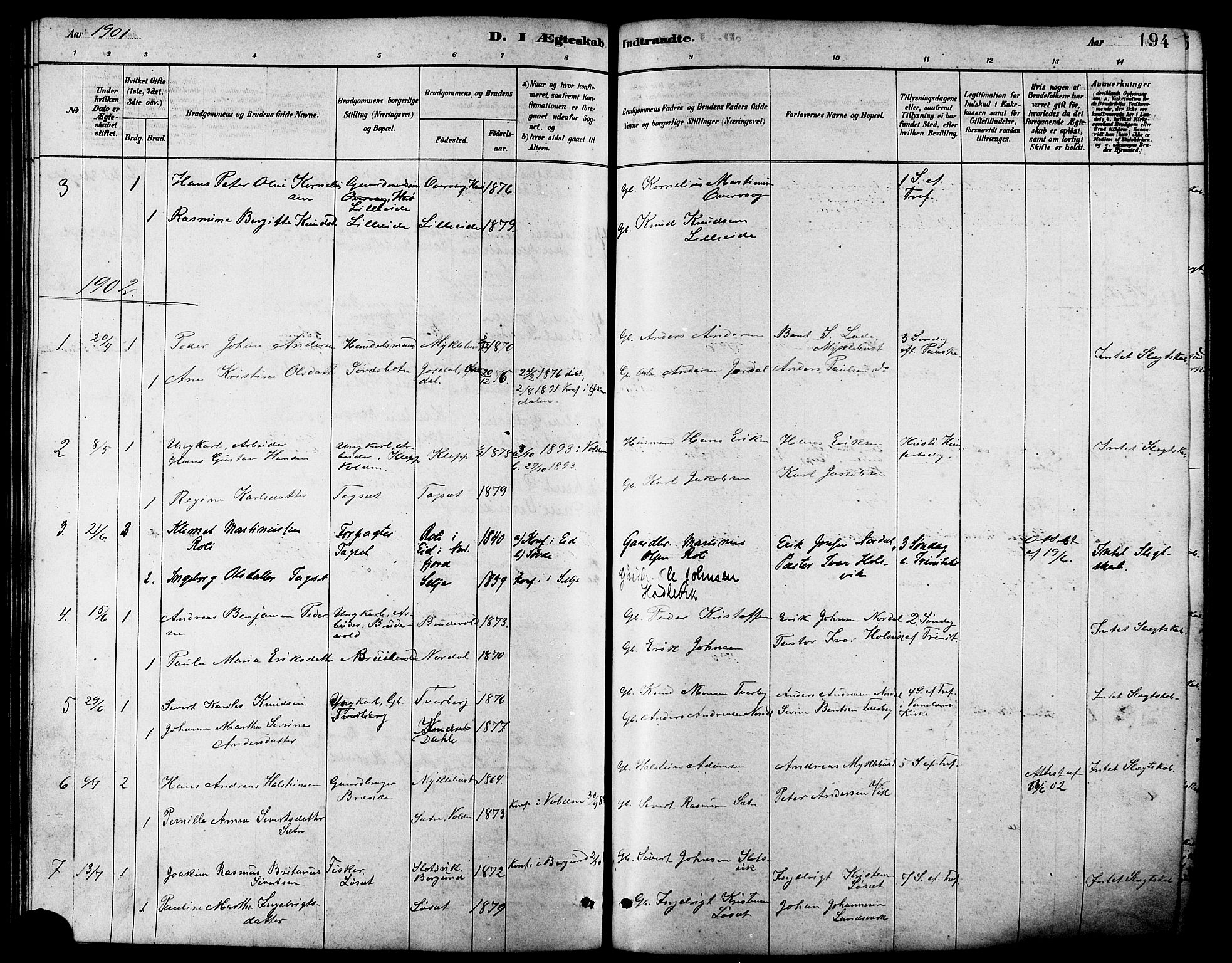 Ministerialprotokoller, klokkerbøker og fødselsregistre - Møre og Romsdal, AV/SAT-A-1454/502/L0027: Parish register (copy) no. 502C01, 1878-1908, p. 194