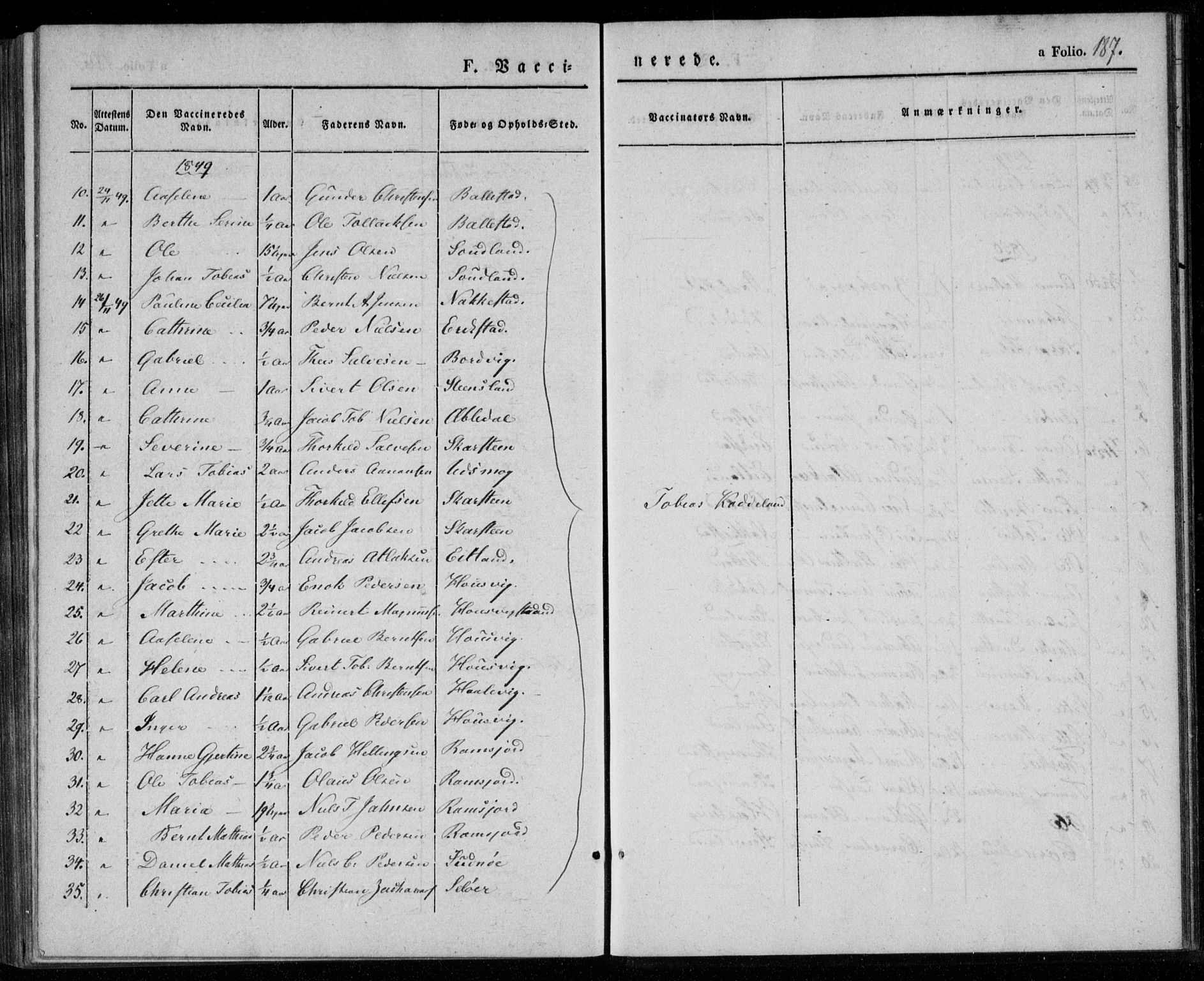 Lyngdal sokneprestkontor, AV/SAK-1111-0029/F/Fa/Faa/L0001: Parish register (official) no. A 1, 1837-1857, p. 187