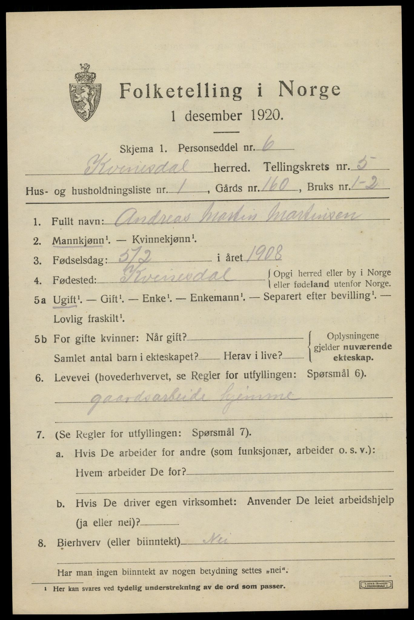 SAK, 1920 census for Kvinesdal, 1920, p. 5713