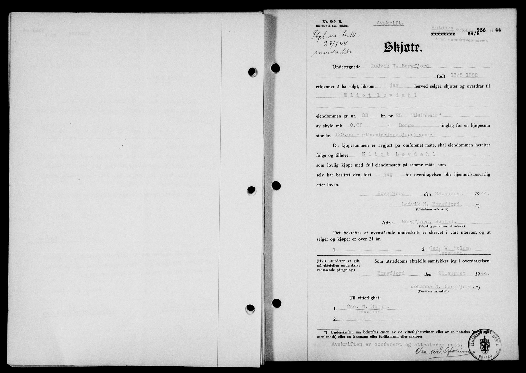 Lofoten sorenskriveri, SAT/A-0017/1/2/2C/L0012a: Mortgage book no. 12a, 1943-1944, Diary no: : 936/1944