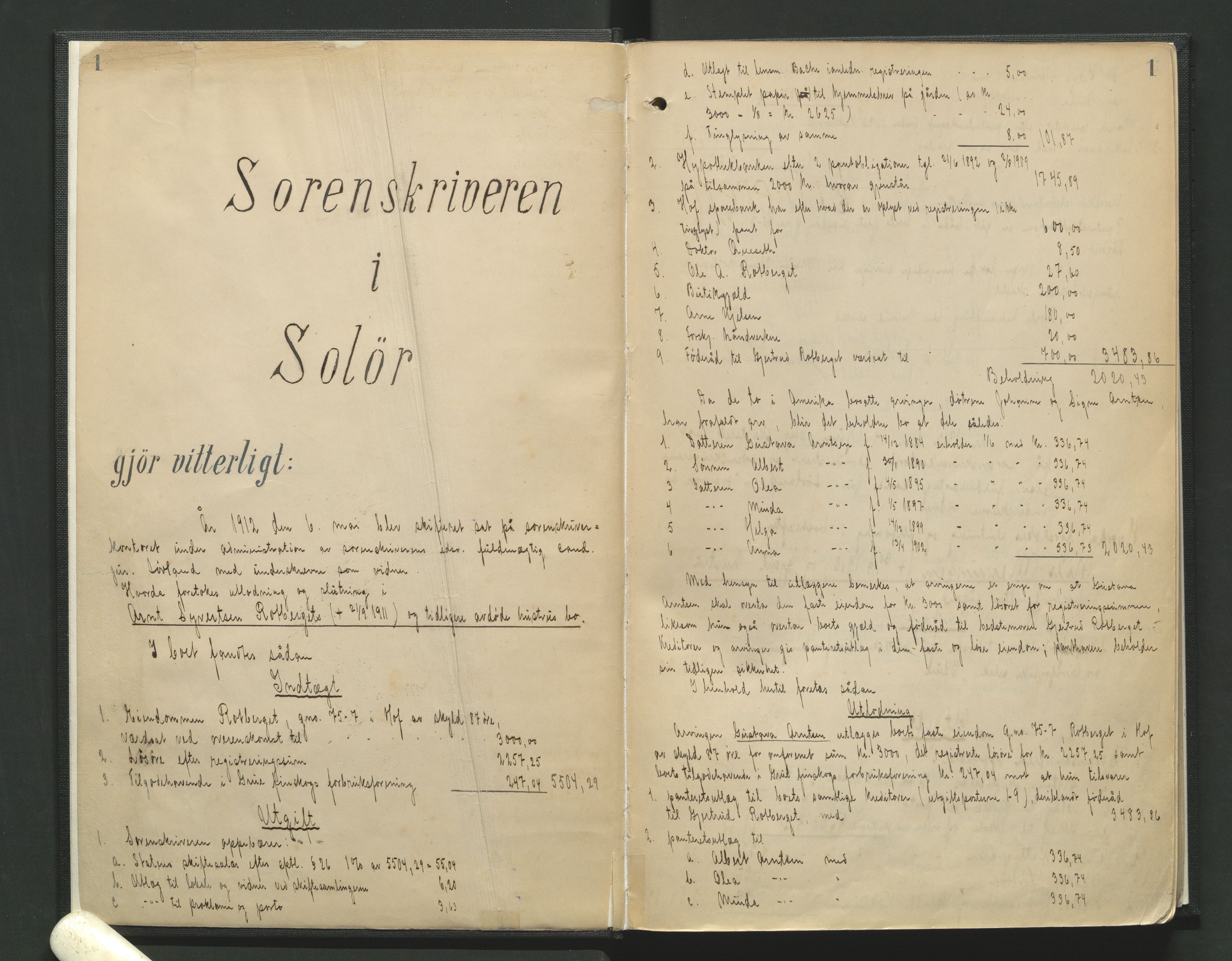 Solør tingrett, AV/SAH-TING-008/J/Jc/L0009: Skifteutlodningsprotokoll, 1912-1922, p. 1