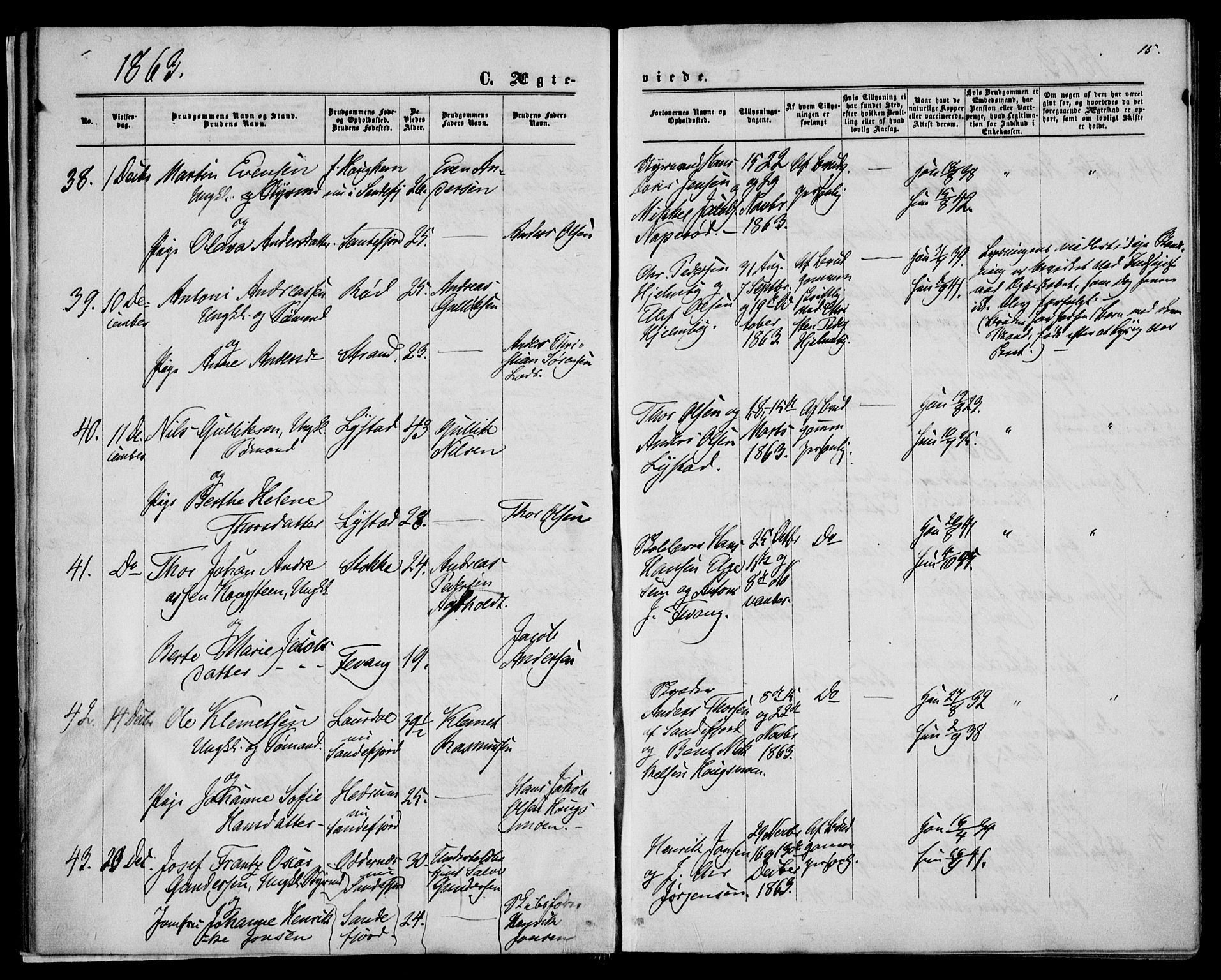Sandar kirkebøker, SAKO/A-243/F/Fa/L0009: Parish register (official) no. 9, 1862-1871, p. 15