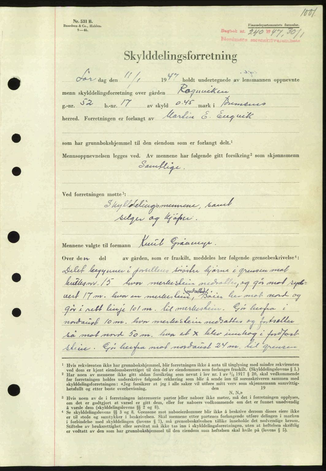 Nordmøre sorenskriveri, AV/SAT-A-4132/1/2/2Ca: Mortgage book no. A103, 1946-1947, Diary no: : 240/1947