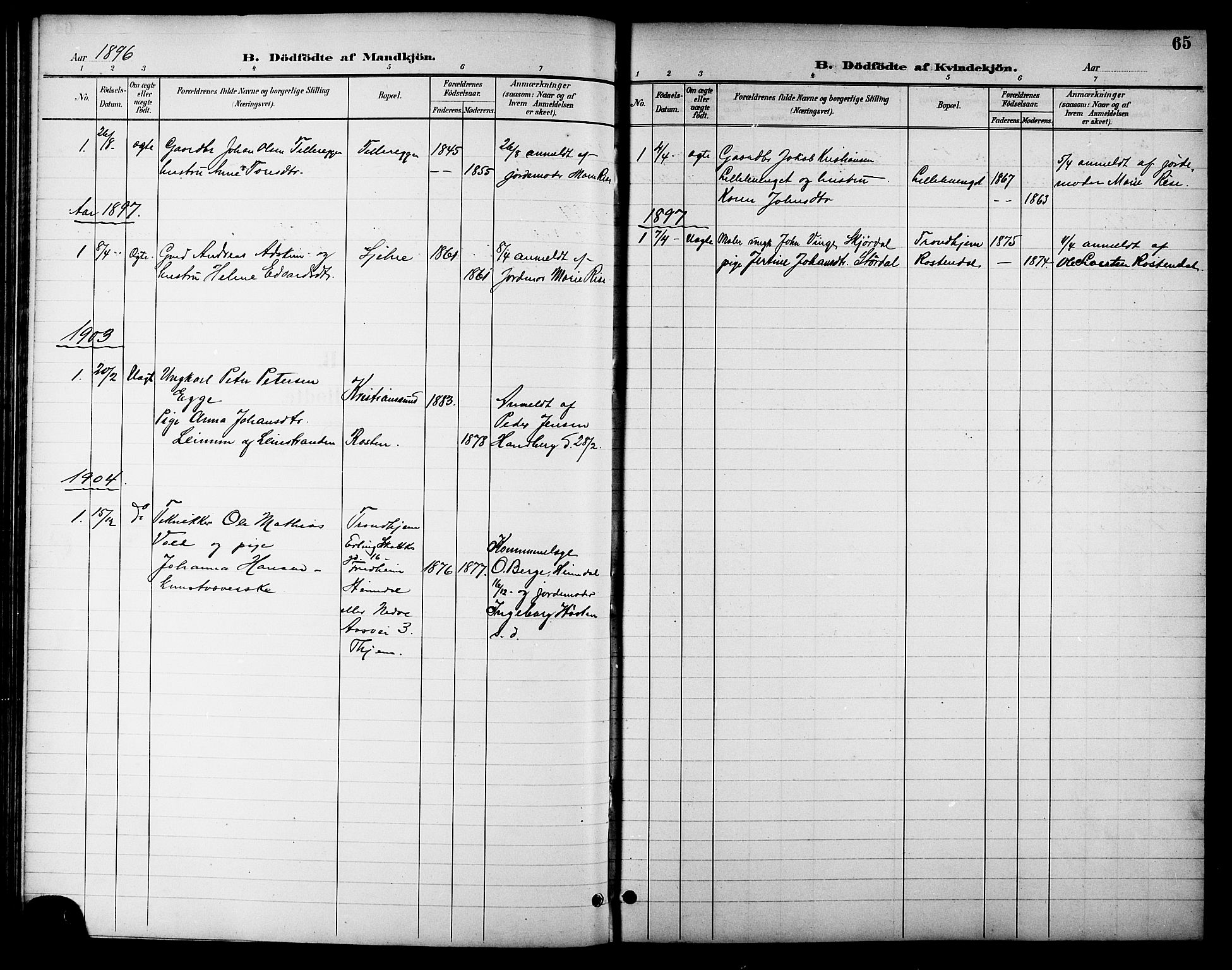 Ministerialprotokoller, klokkerbøker og fødselsregistre - Sør-Trøndelag, SAT/A-1456/621/L0460: Parish register (copy) no. 621C03, 1896-1914, p. 65