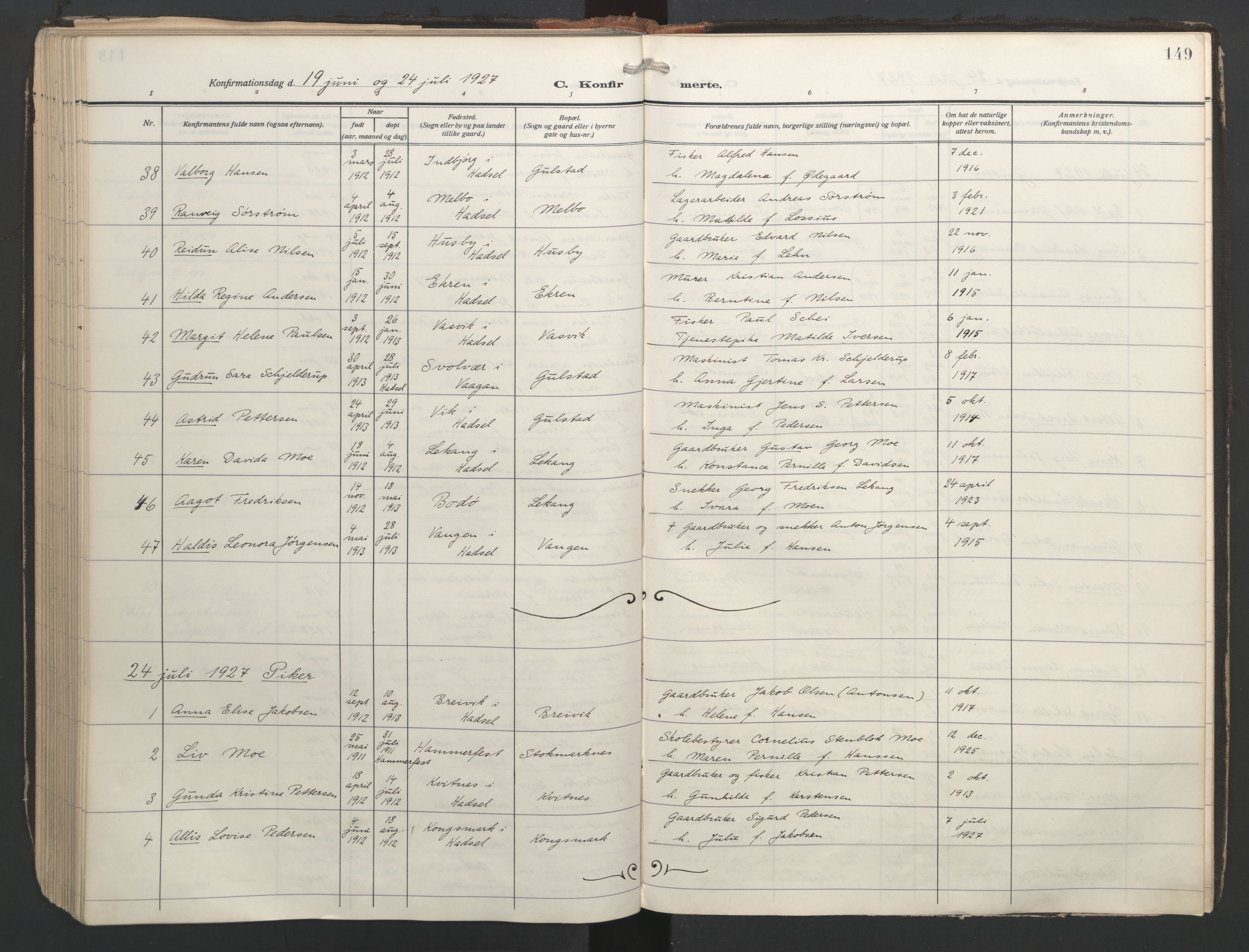 Ministerialprotokoller, klokkerbøker og fødselsregistre - Nordland, SAT/A-1459/888/L1249: Parish register (official) no. 888A15, 1911-1929, p. 149