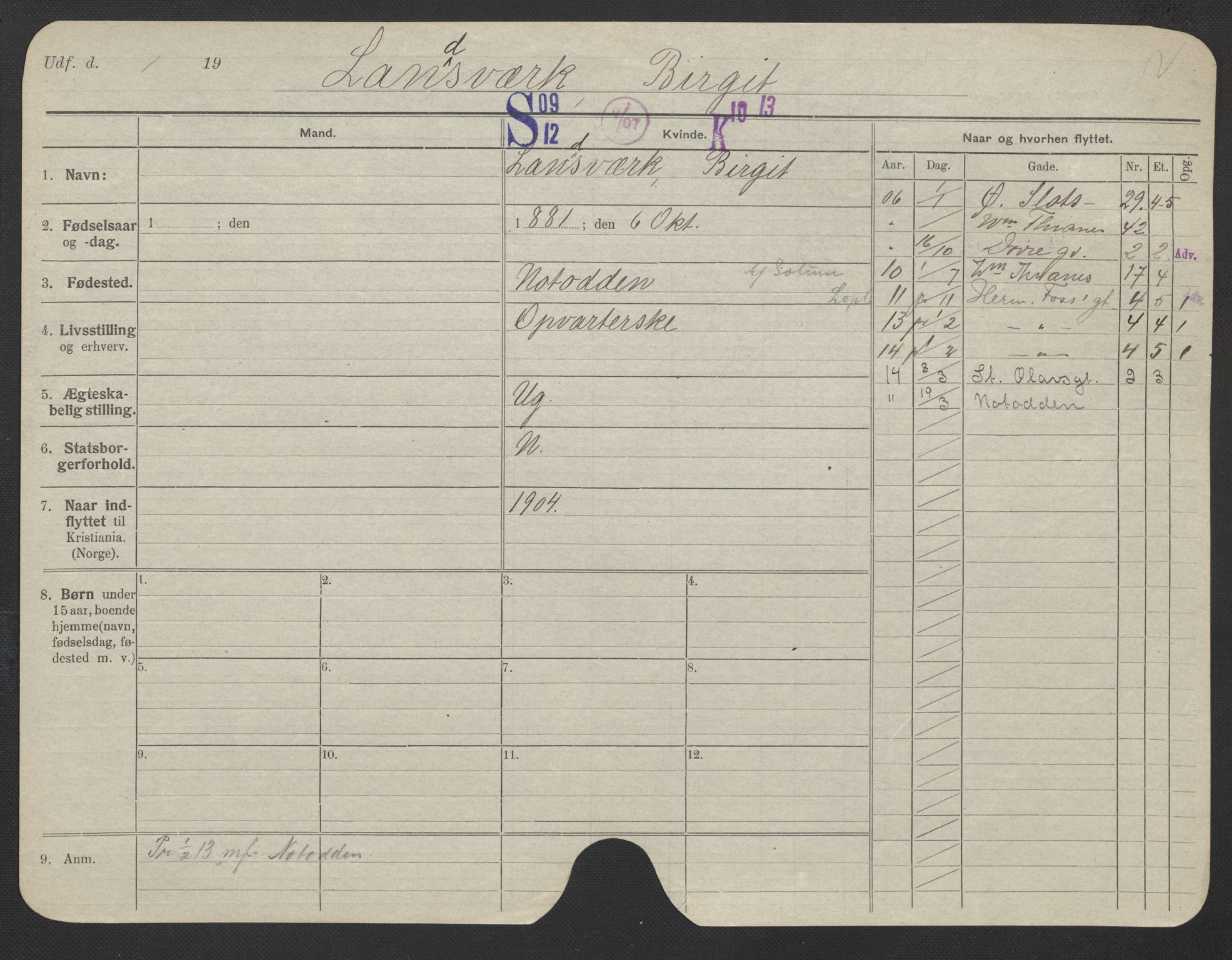 Oslo folkeregister, Registerkort, AV/SAO-A-11715/F/Fa/Fac/L0019: Kvinner, 1906-1914, p. 726a