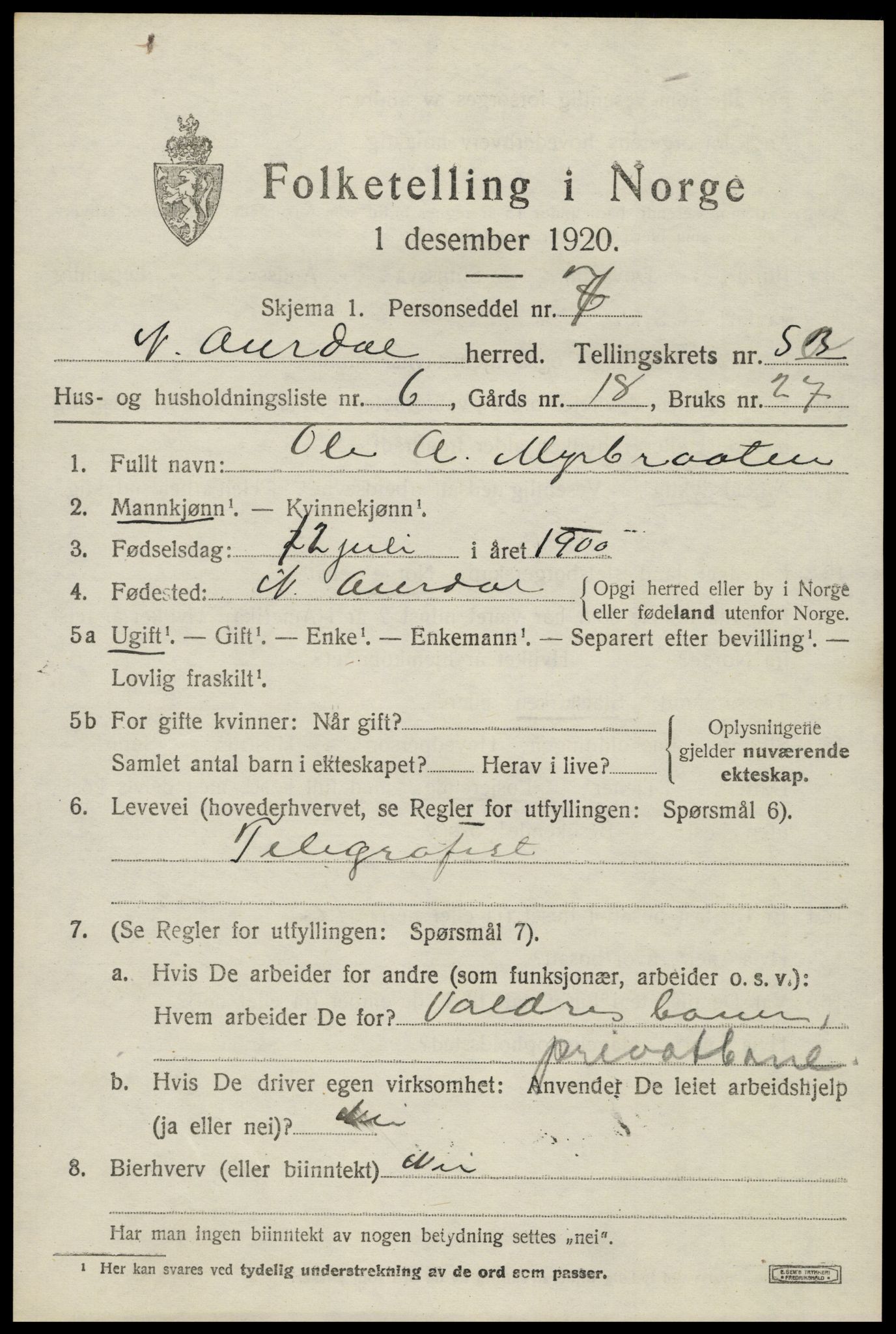 SAH, 1920 census for Nord-Aurdal, 1920, p. 4734