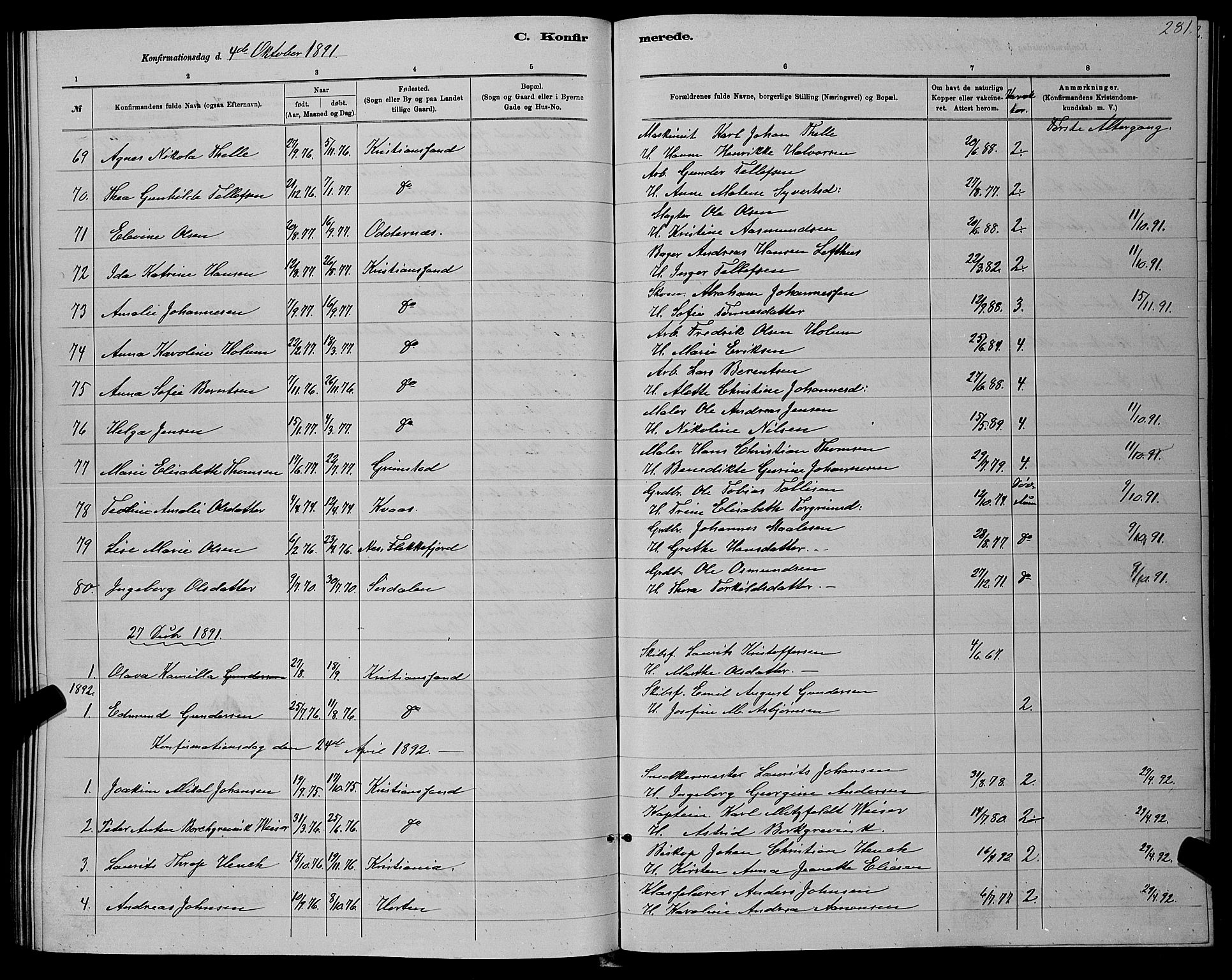 Kristiansand domprosti, SAK/1112-0006/F/Fb/L0016: Parish register (copy) no. B 16, 1881-1893, p. 281