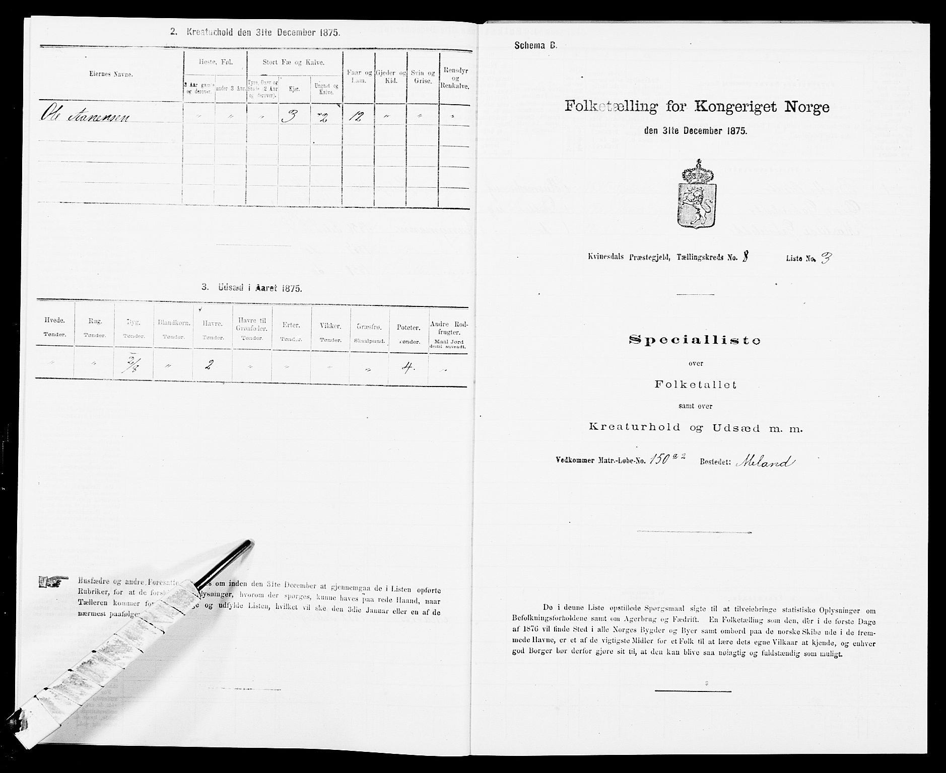 SAK, 1875 census for 1037P Kvinesdal, 1875, p. 1232