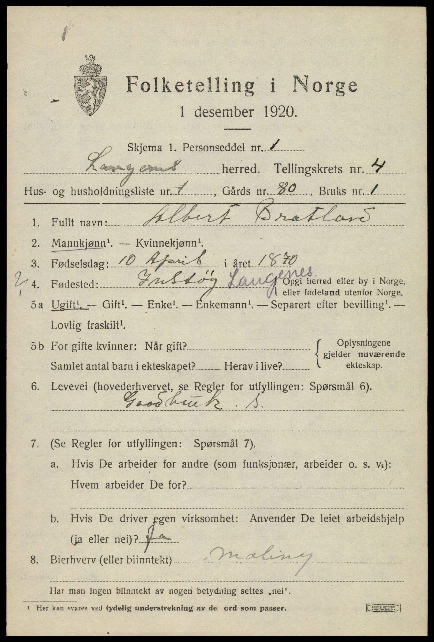 SAT, 1920 census for Langenes, 1920, p. 1516