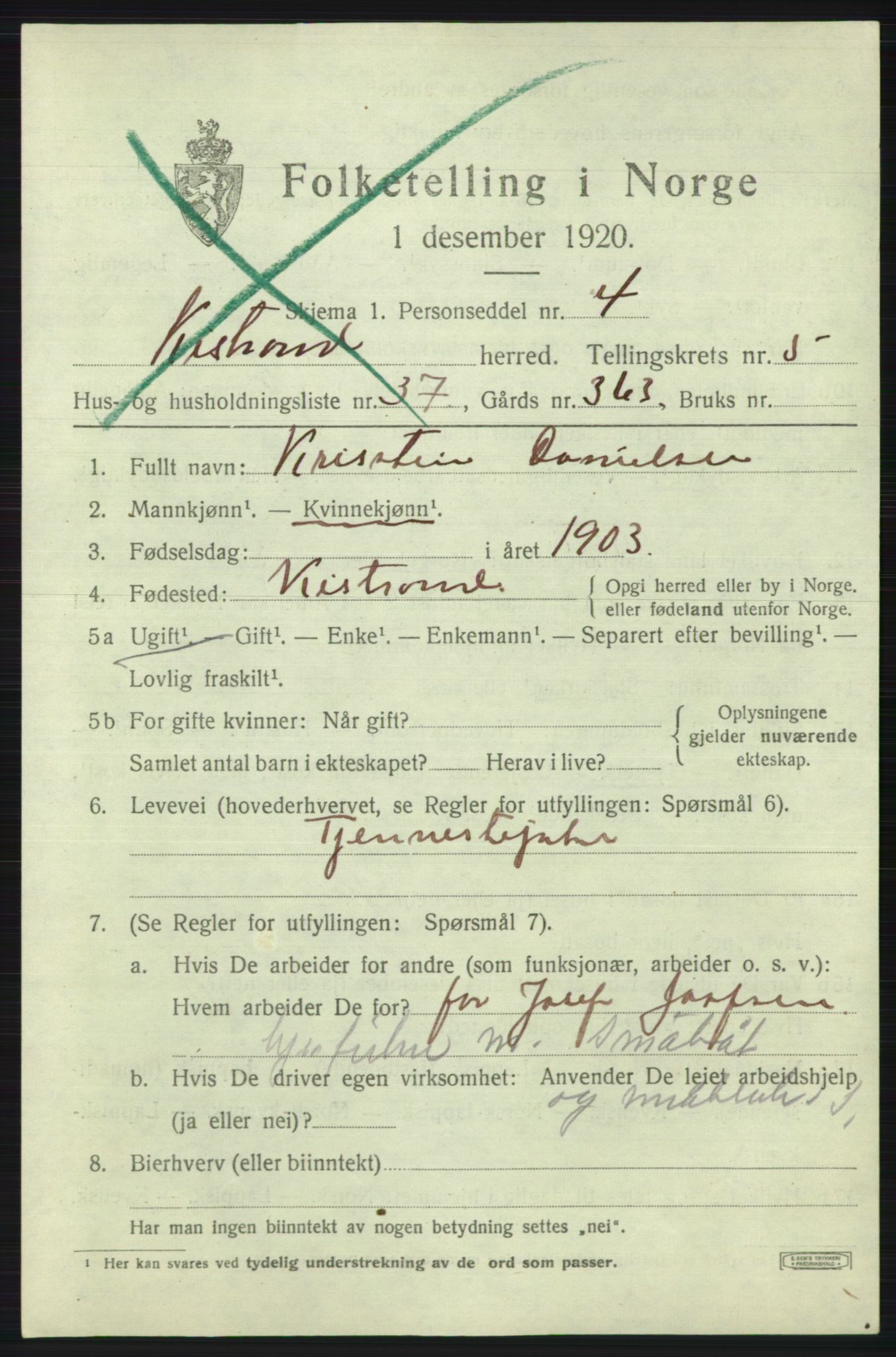 SATØ, 1920 census for Kistrand, 1920, p. 3530