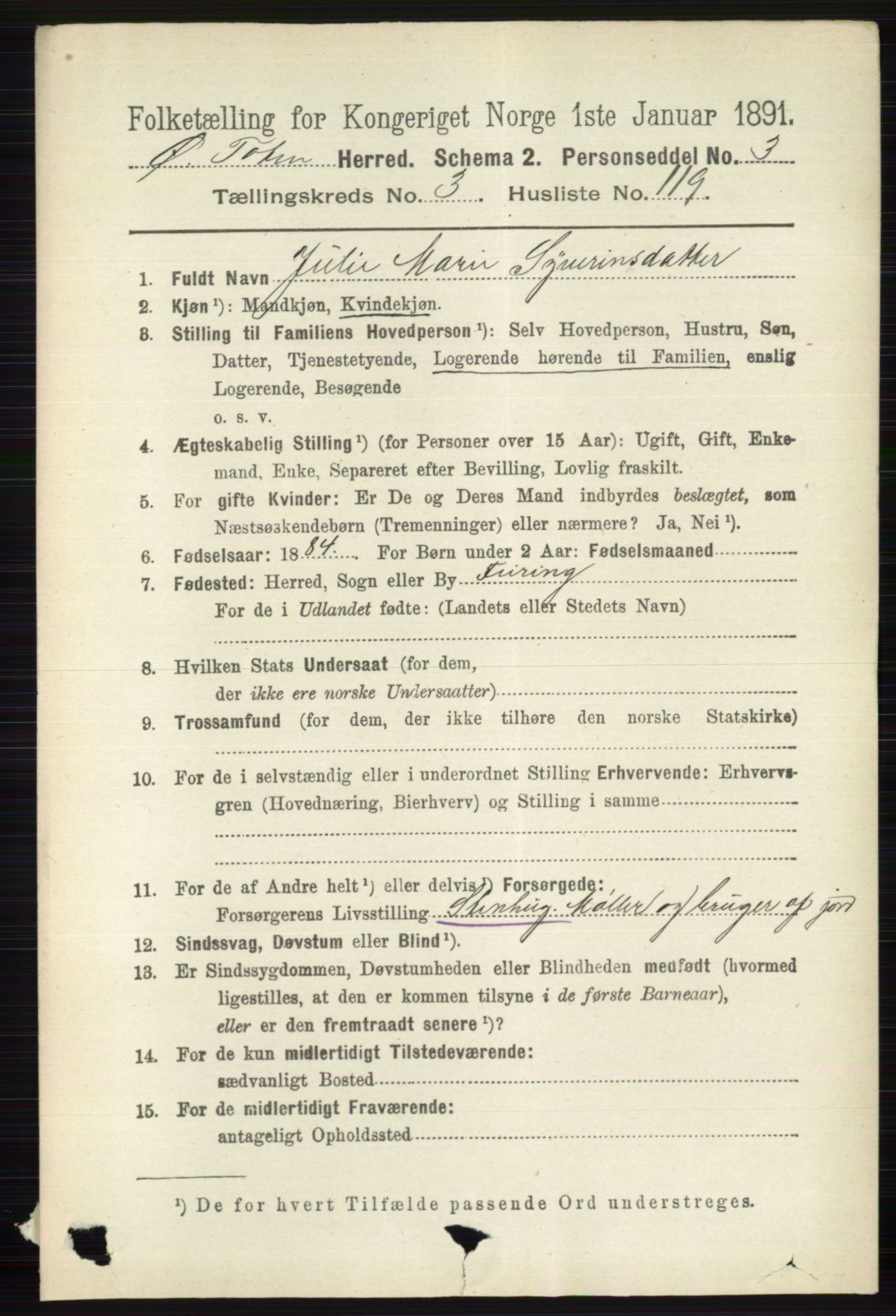 RA, 1891 census for 0528 Østre Toten, 1891, p. 2255