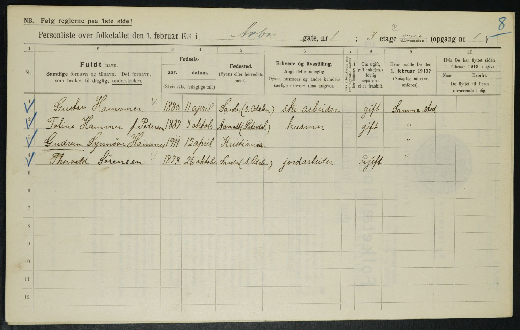 OBA, Municipal Census 1914 for Kristiania, 1914, p. 1725