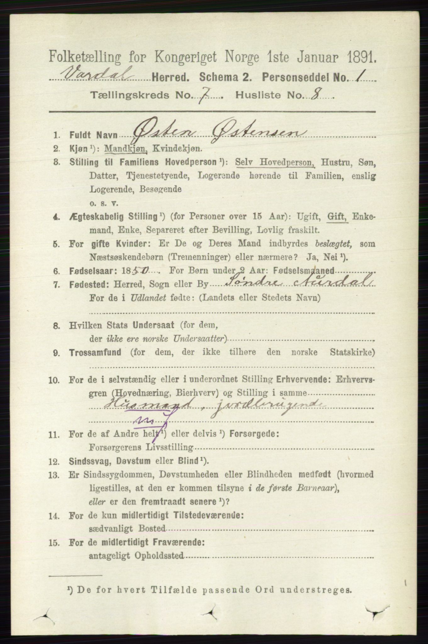 RA, 1891 census for 0527 Vardal, 1891, p. 3008