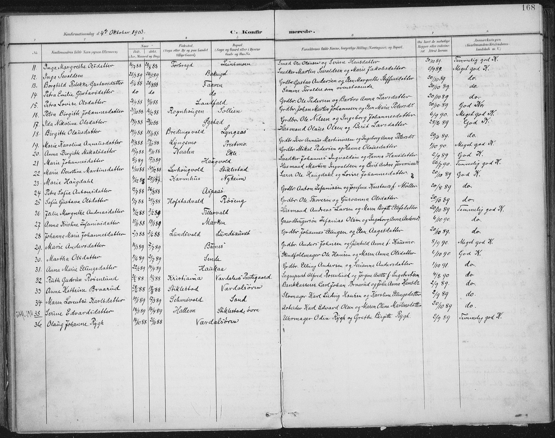 Ministerialprotokoller, klokkerbøker og fødselsregistre - Nord-Trøndelag, AV/SAT-A-1458/723/L0246: Parish register (official) no. 723A15, 1900-1917, p. 168