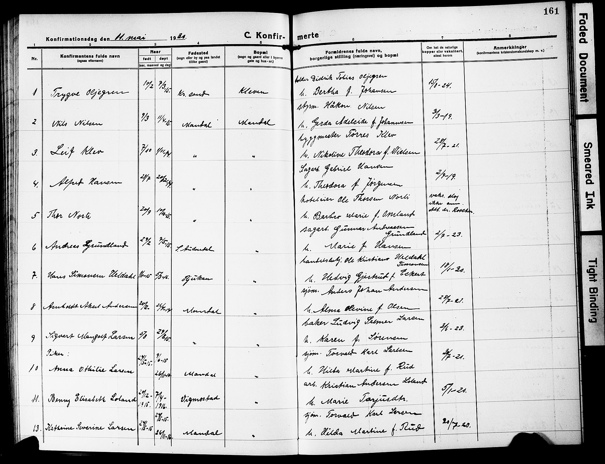 Mandal sokneprestkontor, AV/SAK-1111-0030/F/Fb/Fbc/L0001: Parish register (copy) no. B 1, 1918-1931, p. 161