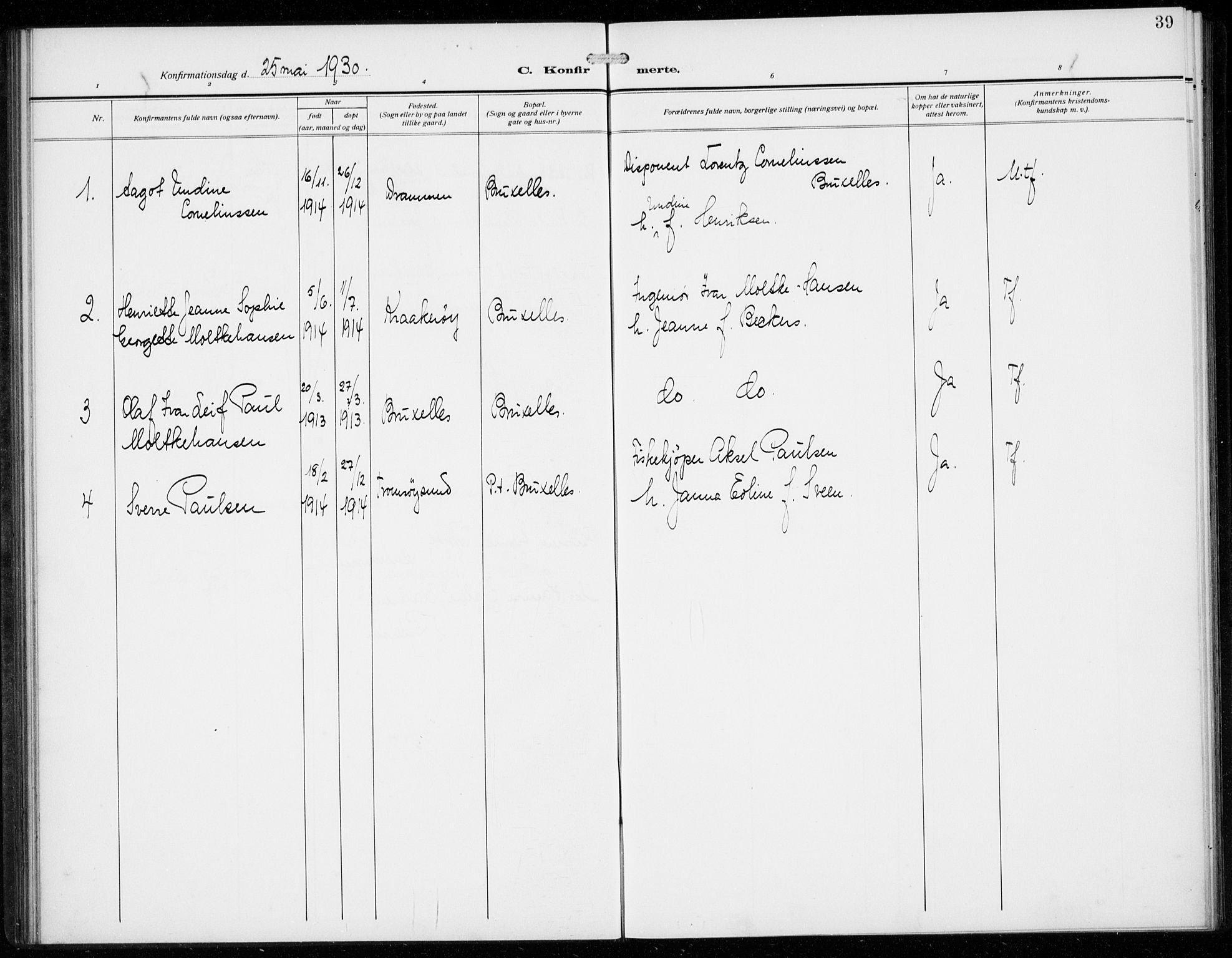 Den norske sjømannsmisjon i utlandet/Antwerpen, SAB/SAB/PA-0105/H/Ha/L0003: Parish register (official) no. A 3, 1914-1930, p. 39