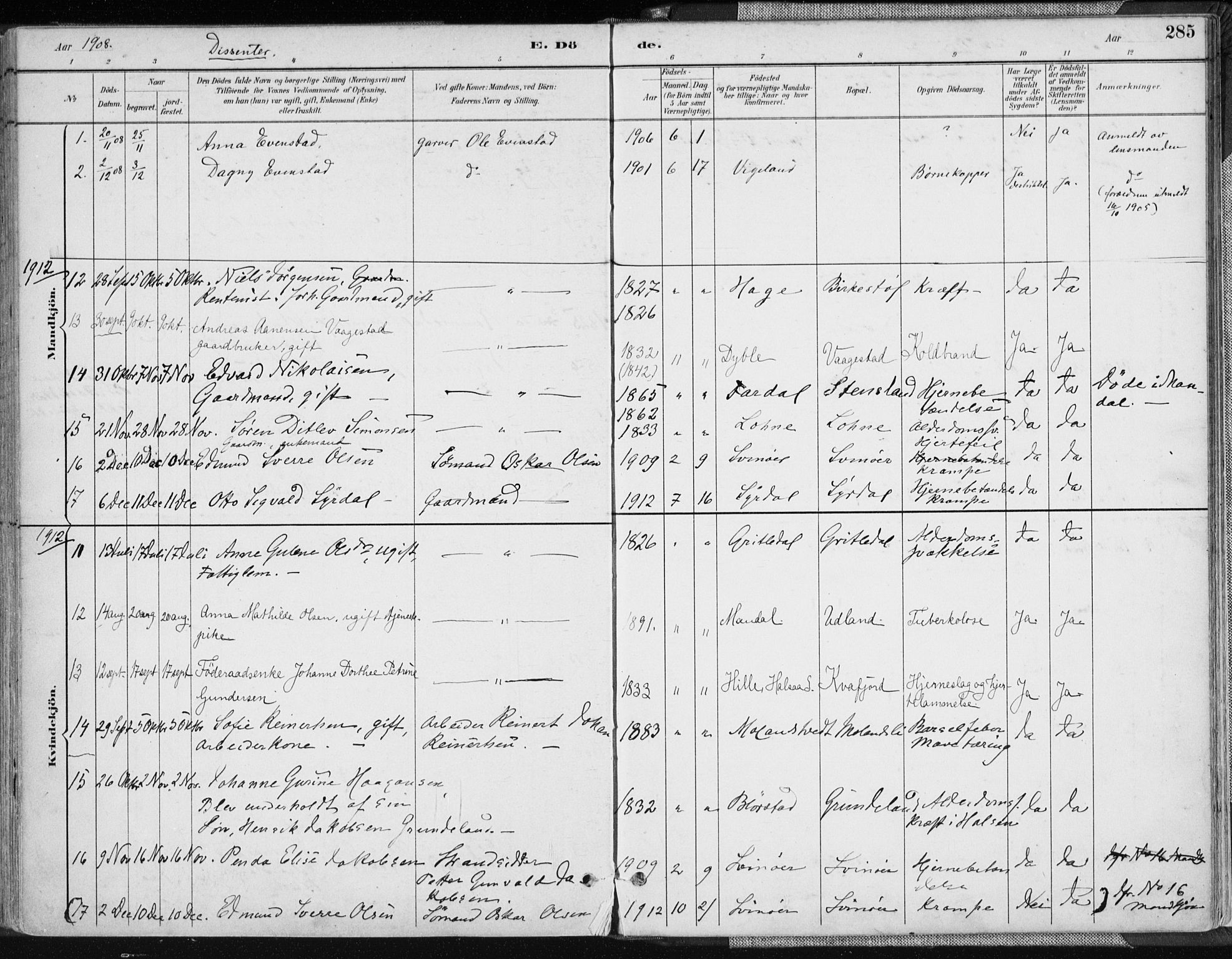 Sør-Audnedal sokneprestkontor, AV/SAK-1111-0039/F/Fa/Fab/L0010: Parish register (official) no. A 10, 1892-1913, p. 285