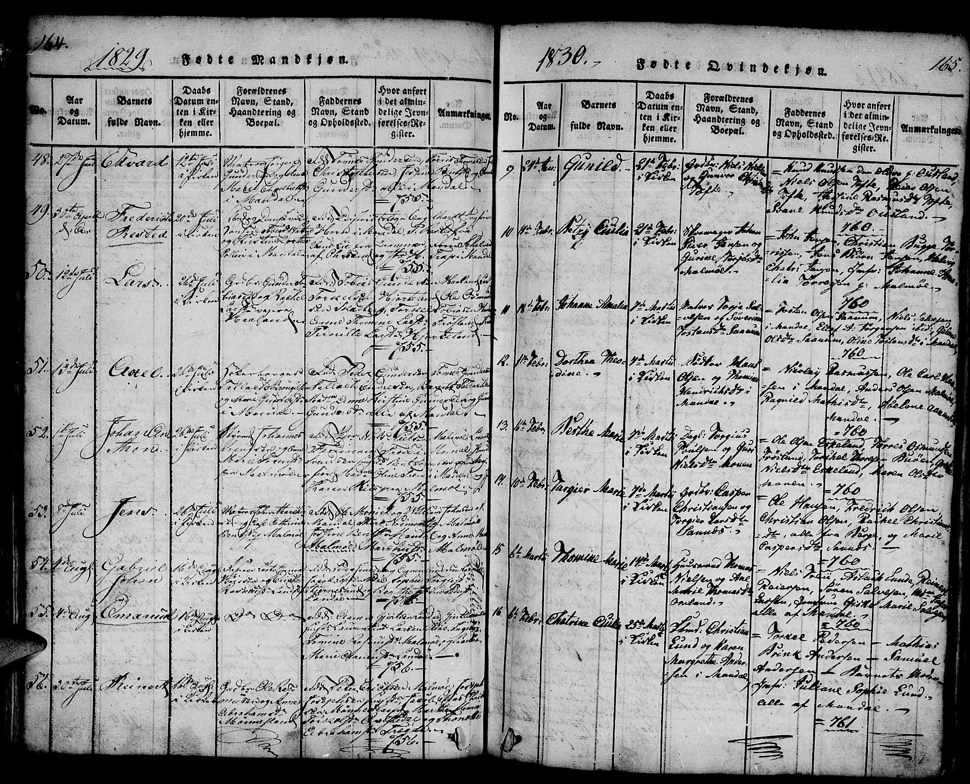 Mandal sokneprestkontor, AV/SAK-1111-0030/F/Fa/Faa/L0010: Parish register (official) no. A 10, 1817-1830, p. 164-165