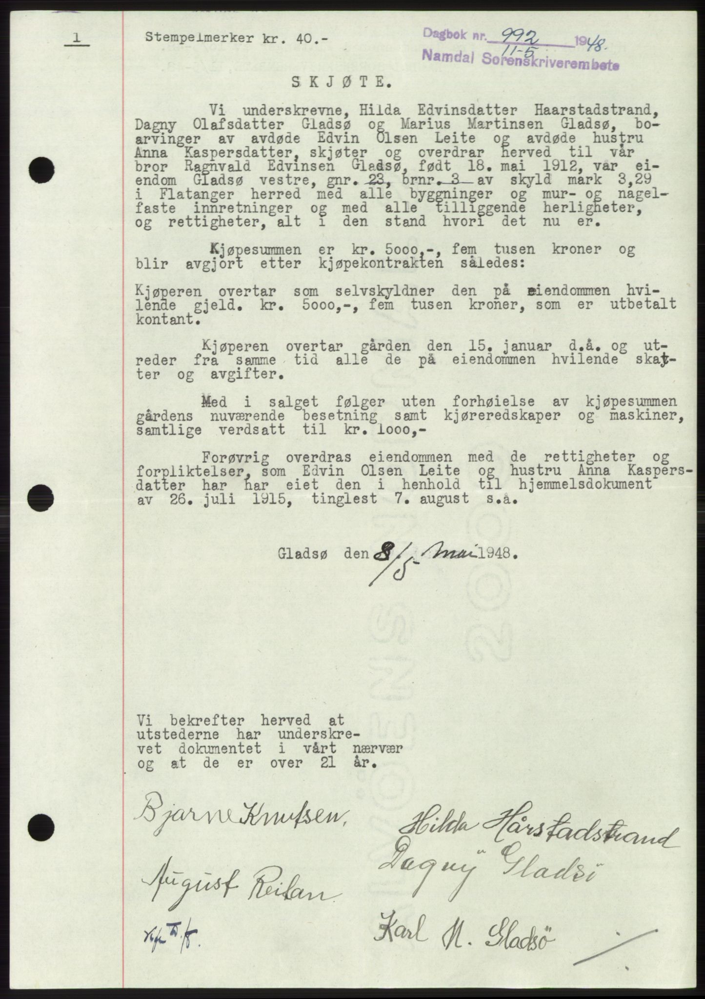 Namdal sorenskriveri, SAT/A-4133/1/2/2C: Mortgage book no. -, 1947-1948, Diary no: : 992/1948